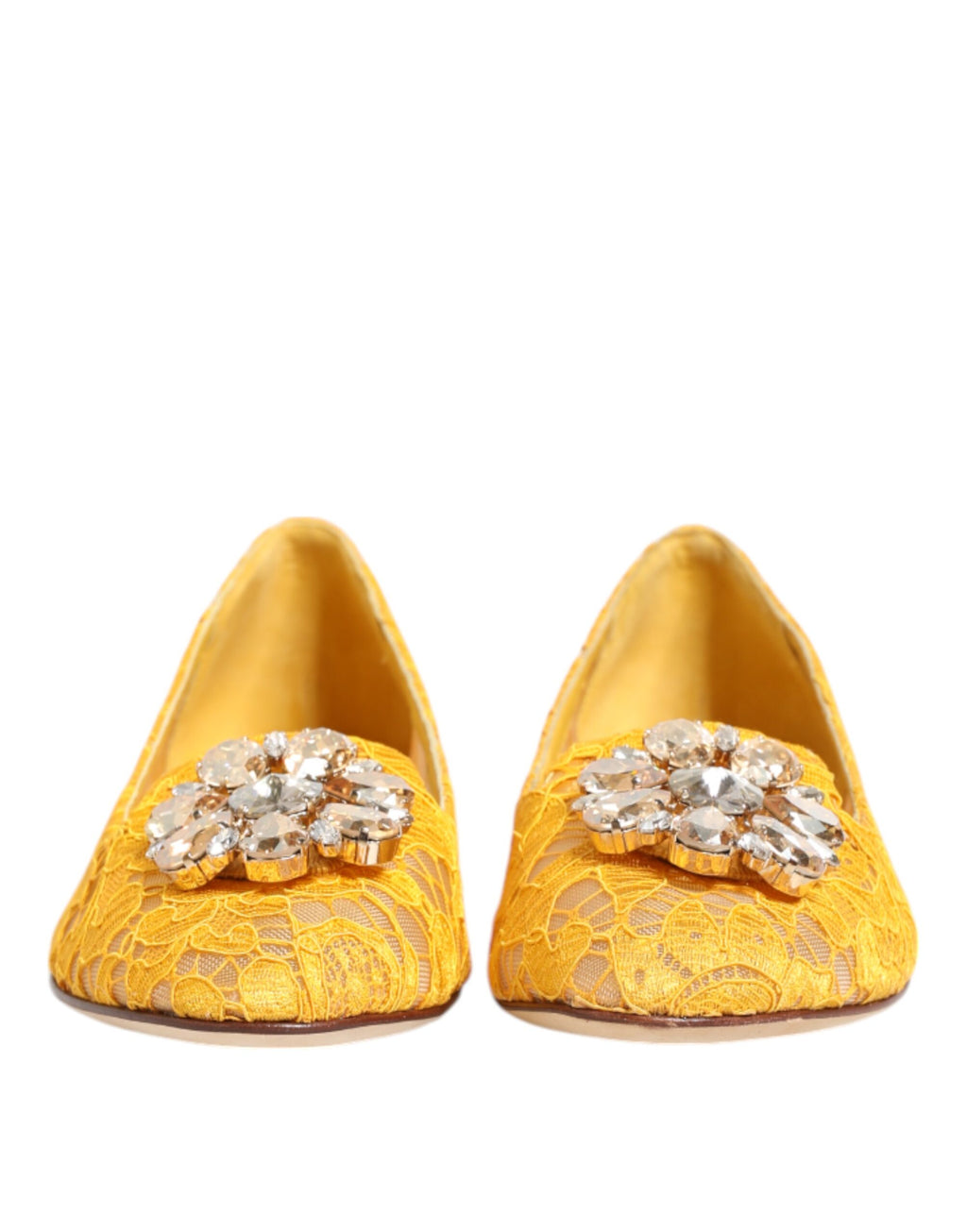 Chaussures plates Dolce & Gabbana Taormina en dentelle jaune avec cristaux, élégantes et raffinées pour femmes.