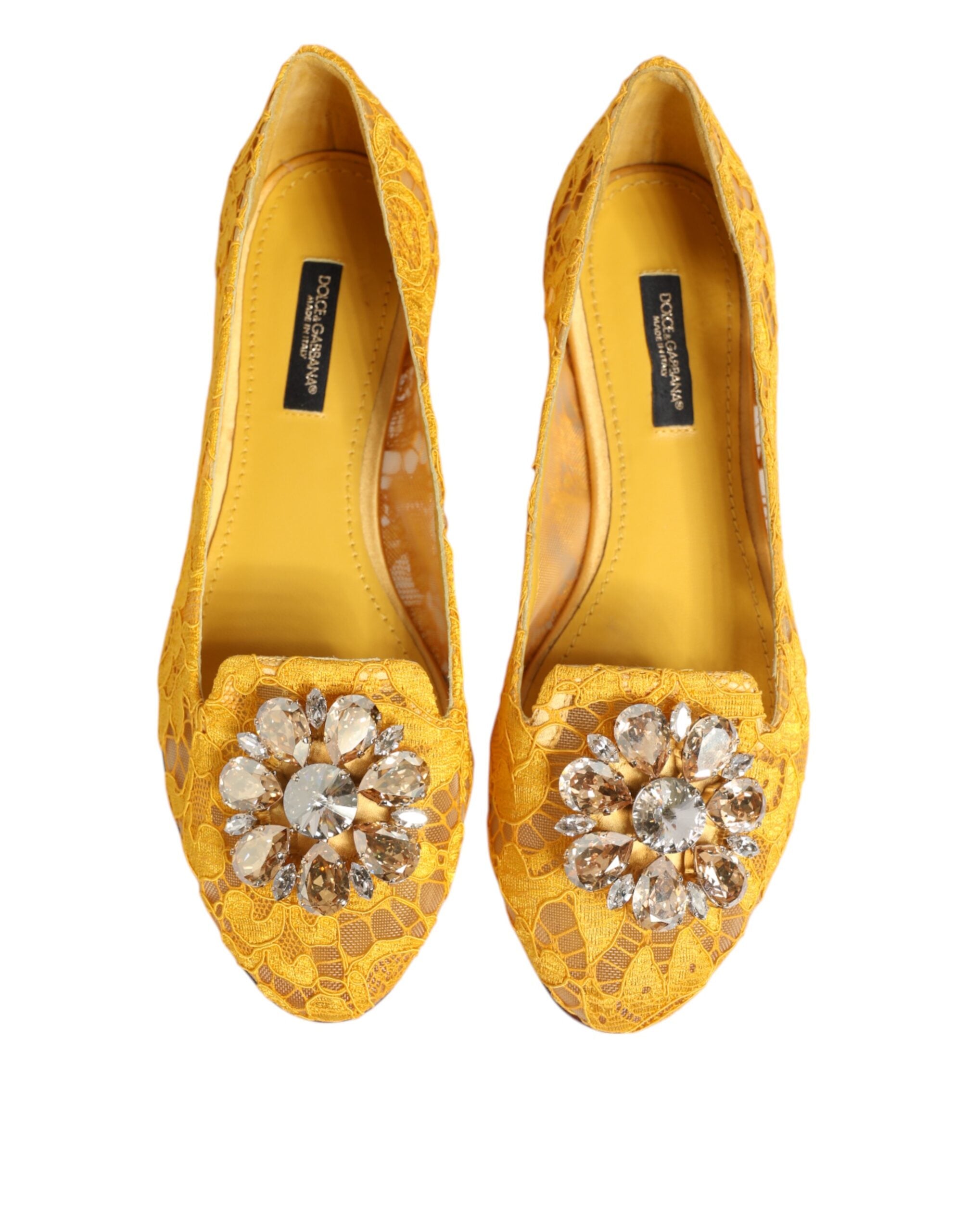 Chaussures plates Dolce & Gabbana Taormina en dentelle jaune avec cristaux, élégantes et ornées pour femme.