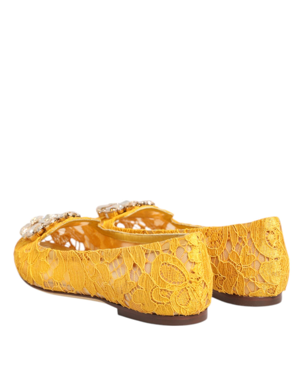 Chaussures plates Dolce & Gabbana Taormina en dentelle jaune avec cristaux, élégantes et délicates.