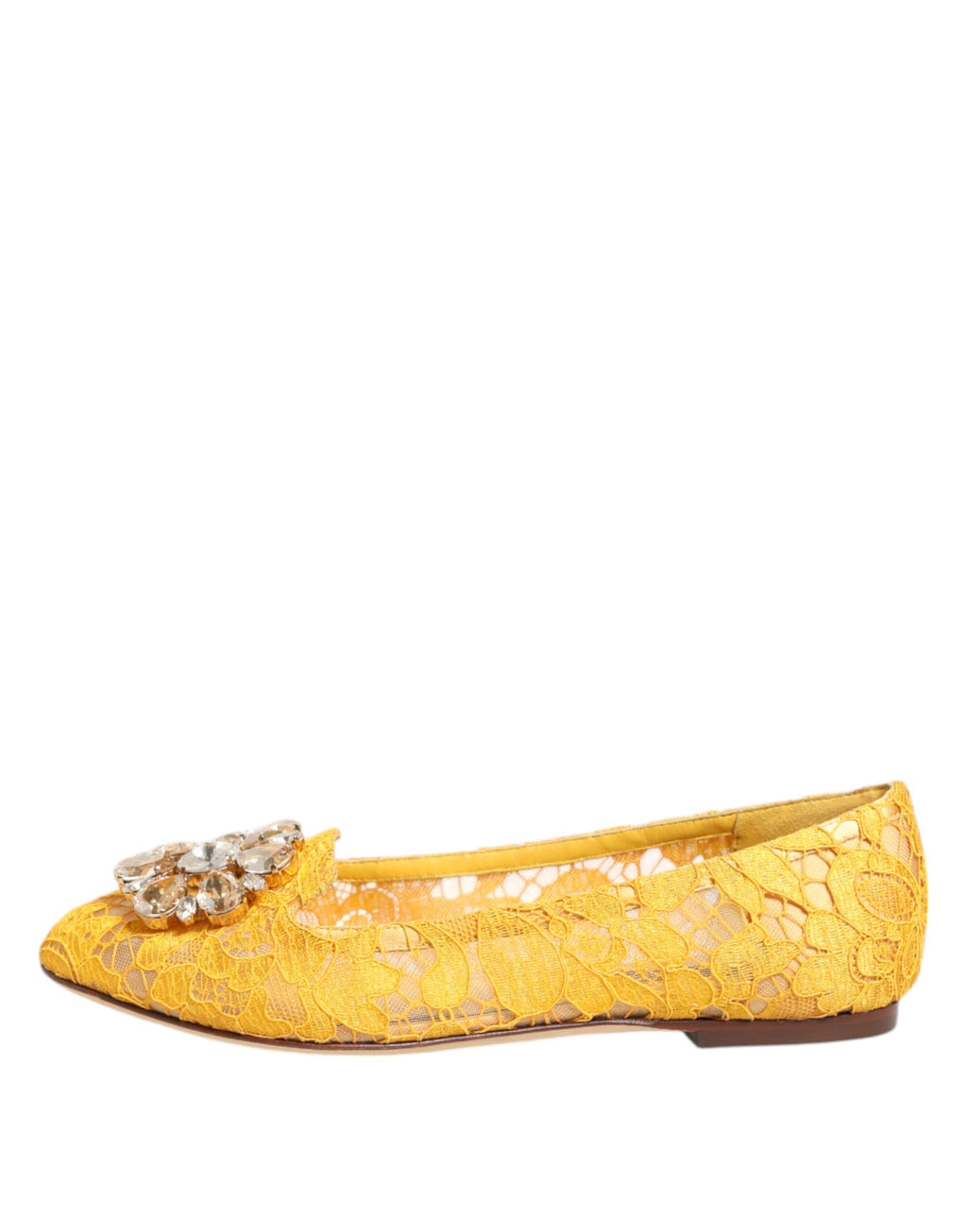Chaussures Dolce & Gabbana Taormina en dentelle jaune avec cristaux, chaussures plates élégantes pour femmes.