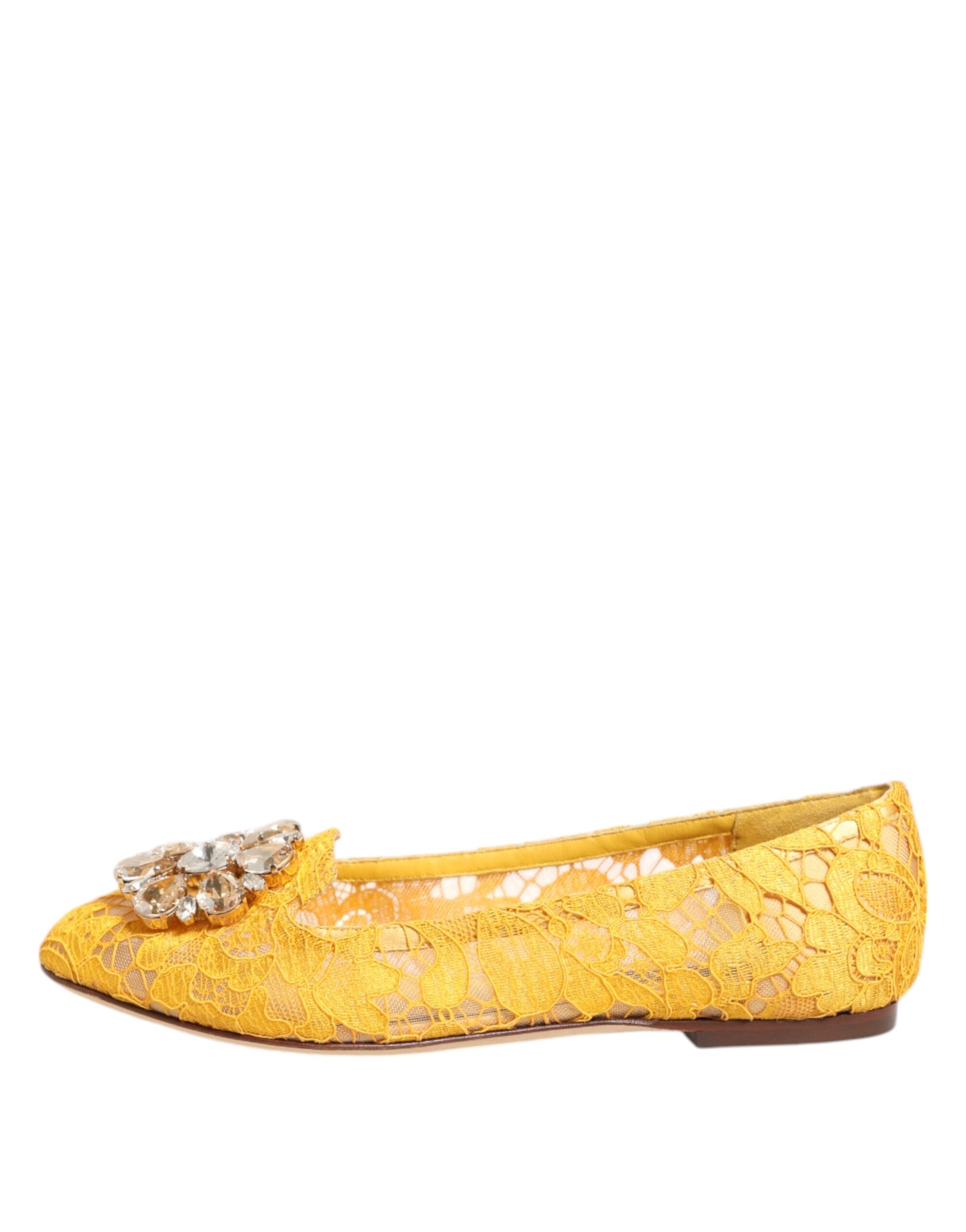 Chaussures Dolce & Gabbana Taormina en dentelle jaune avec cristaux, chaussures plates élégantes pour femmes.