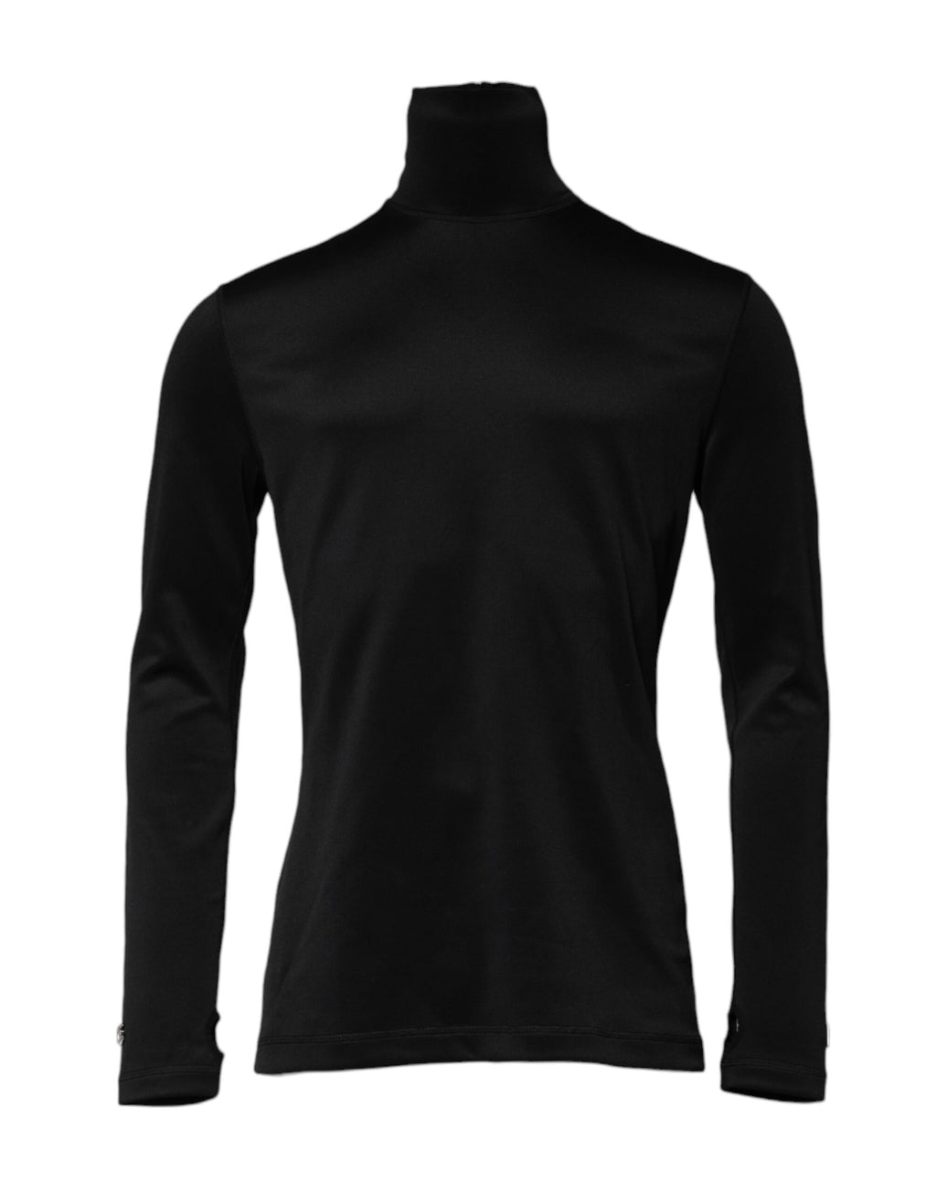 Pull noir en polyester Dolce & Gabbana avec col roulé, vue de face, détails du sweat-shirt élégant et moderne.