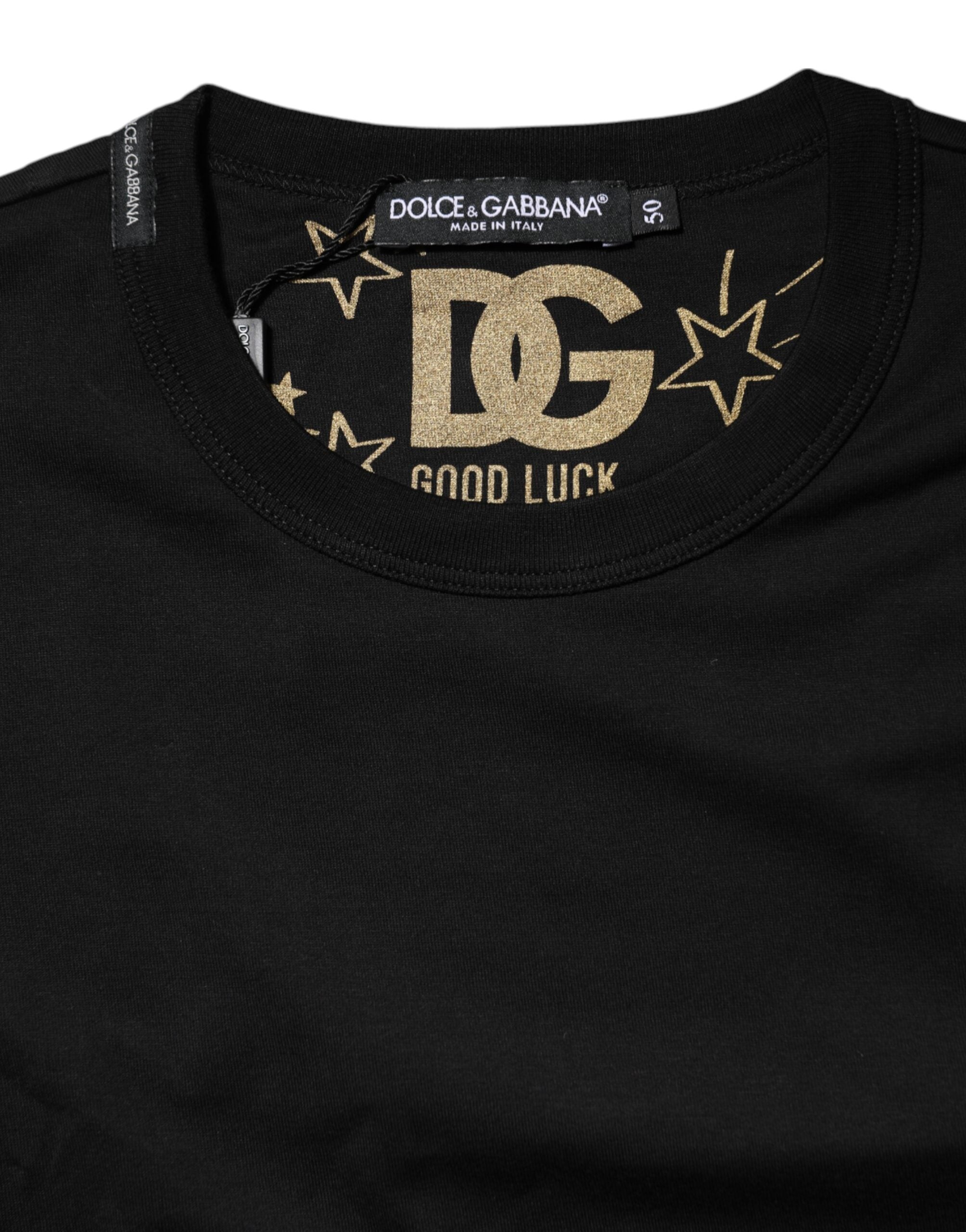 T-shirt noir en coton Dolce & Gabbana avec logo imprimé, col rond, style décontracté et moderne.