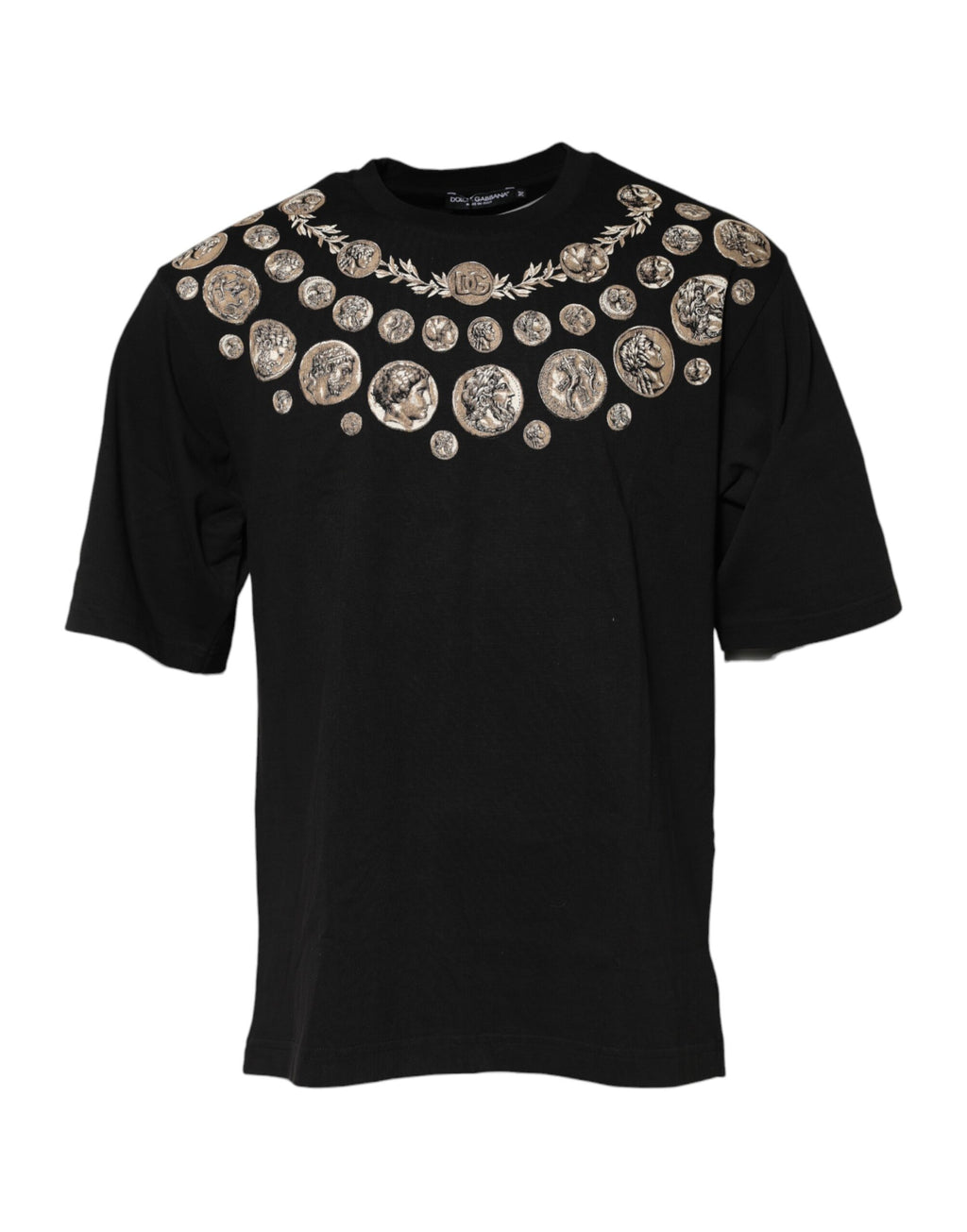 T-shirt en coton noir Dolce & Gabbana avec imprimé de pièces de monnaie et col rond, vue de face.