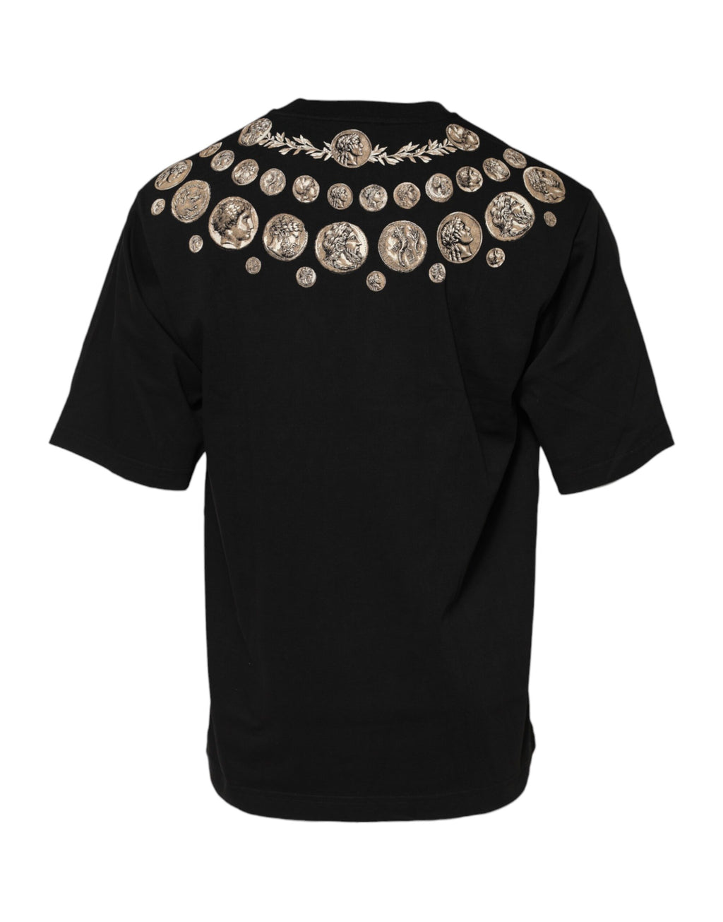 T-shirt noir Dolce & Gabbana en coton avec motif pièces de monnaie, col rond, style décontracté.