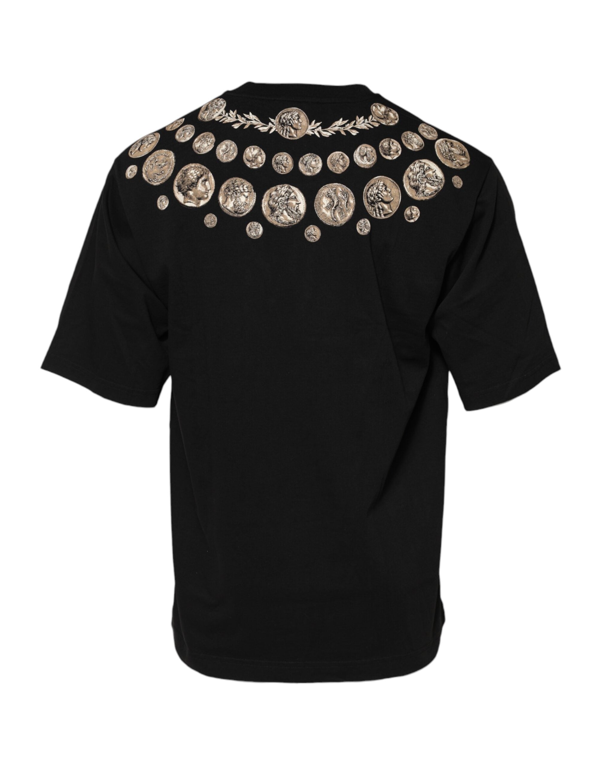T-shirt noir Dolce & Gabbana en coton avec motif pièces de monnaie, col rond, style décontracté.