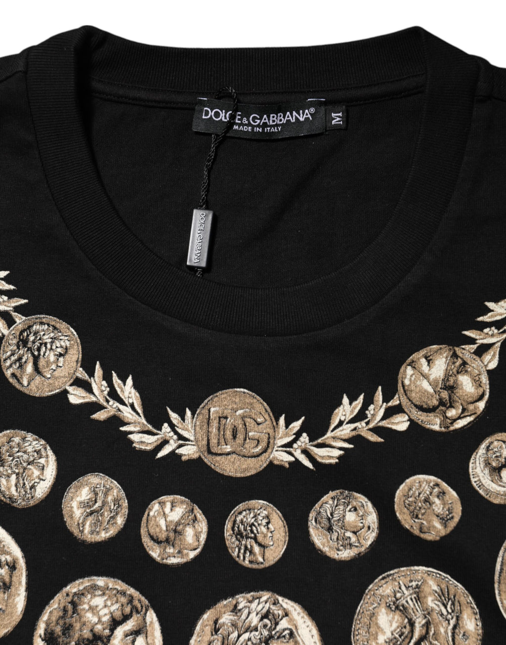 T-shirt homme en coton noir avec motif de pièces de monnaie Dolce & Gabbana, col rond, style décontracté.