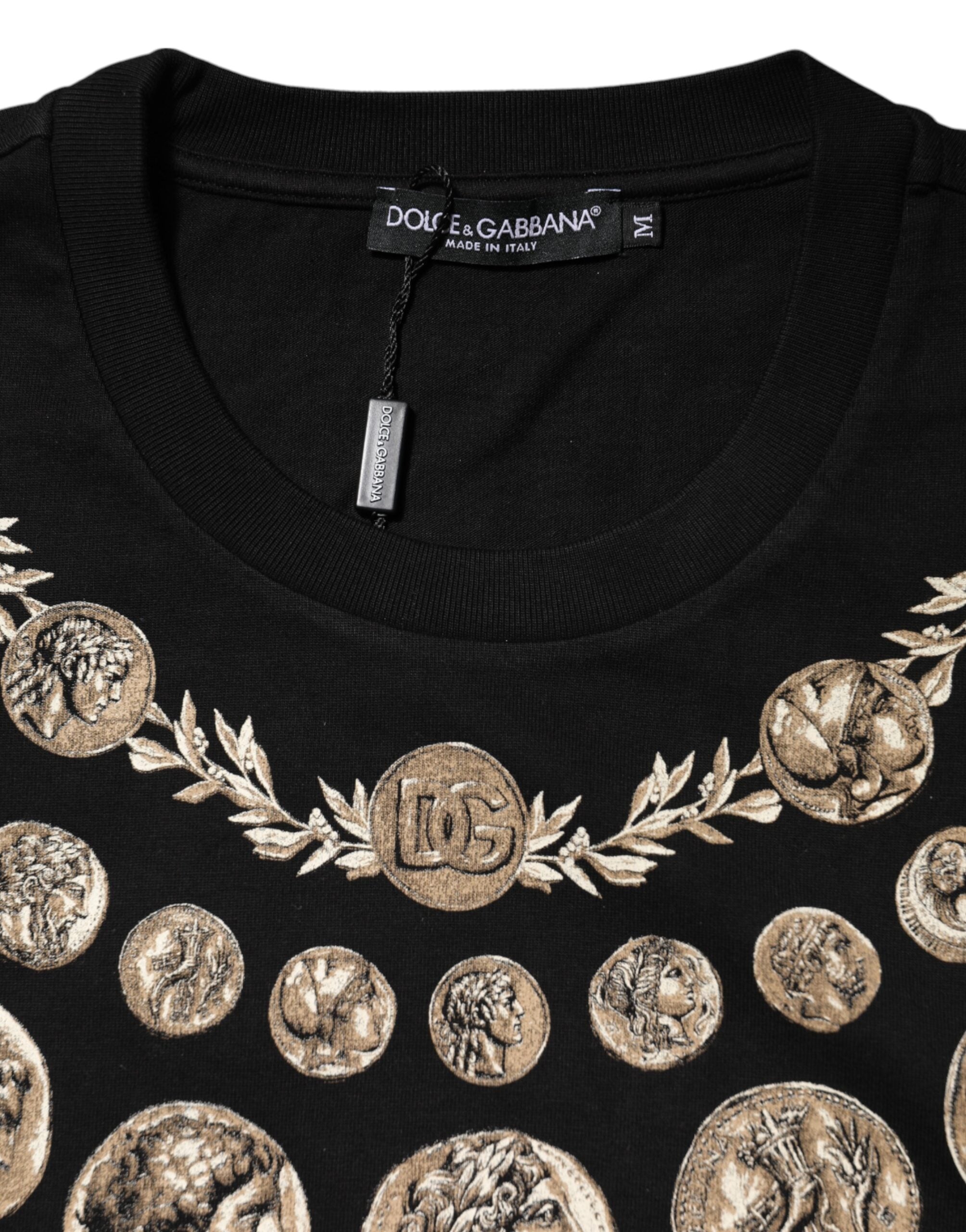 T-shirt homme en coton noir avec motif de pièces de monnaie Dolce & Gabbana, col rond, style décontracté.