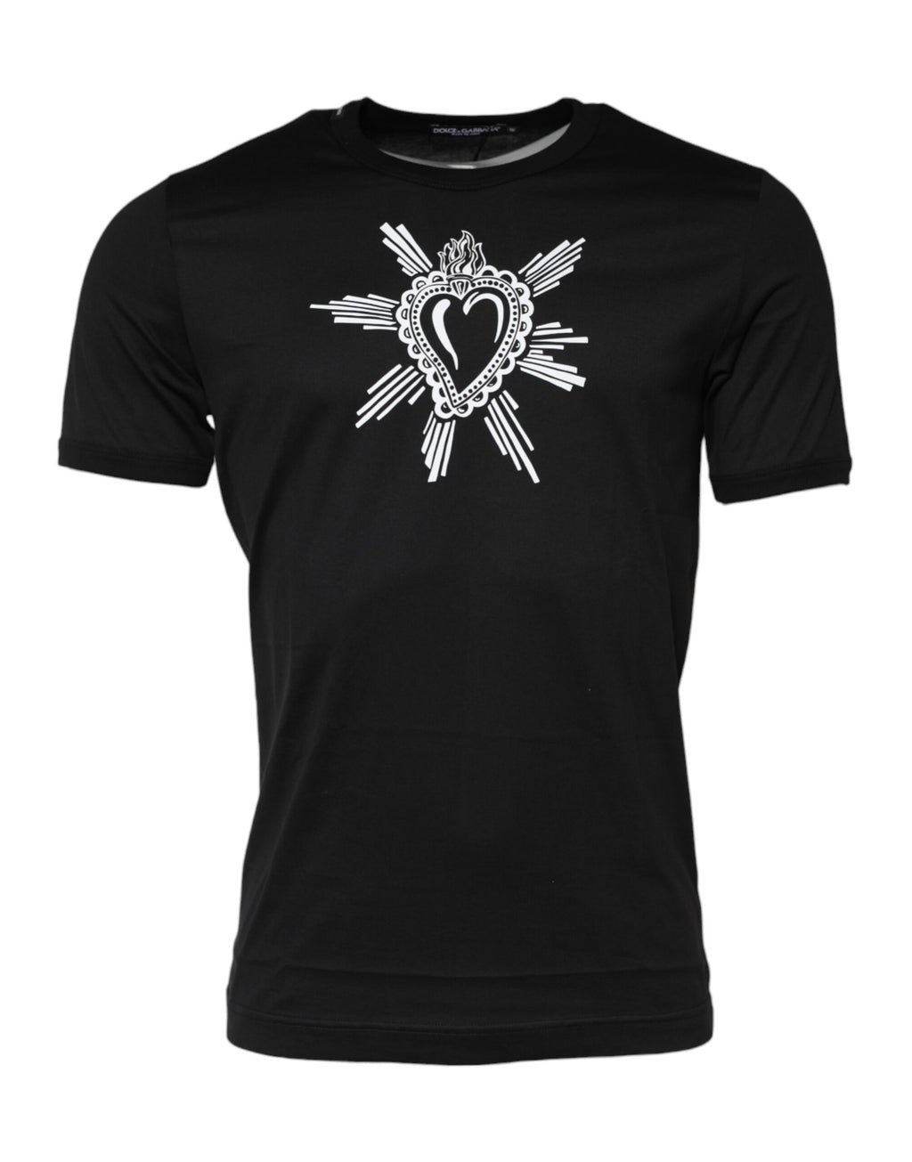 T-shirt en coton noir Dolce & Gabbana avec motif de cœur sacré au col rond, style élégant et graphique.