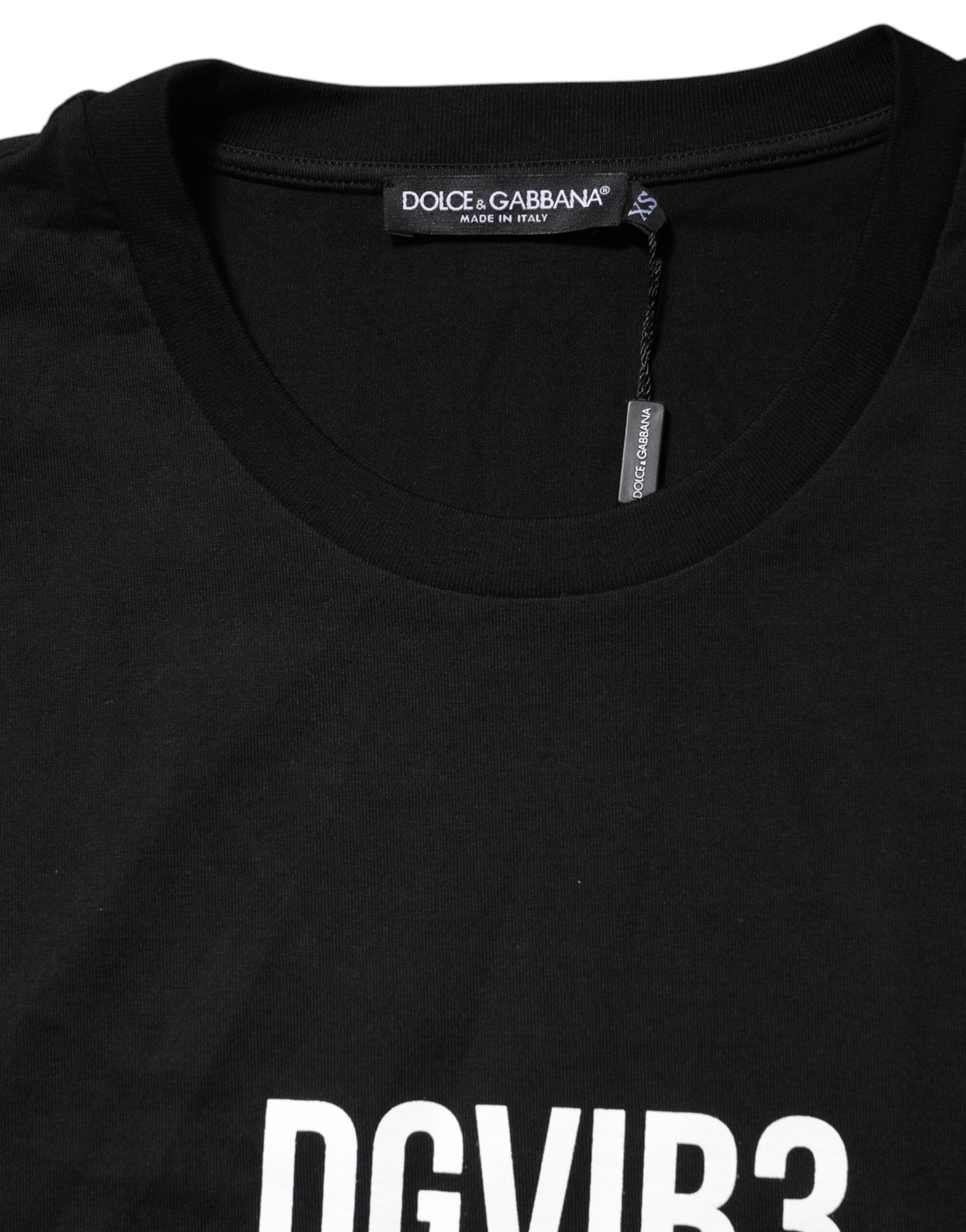 T-shirt en coton noir Dolce & Gabbana DG Vib3 avec col rond et motif imprimé, vue de face.