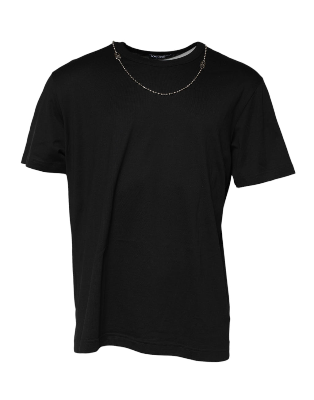 T-shirt à col rond en coton noir avec chaîne Dolce & Gabbana, design élégant et mode moderne.