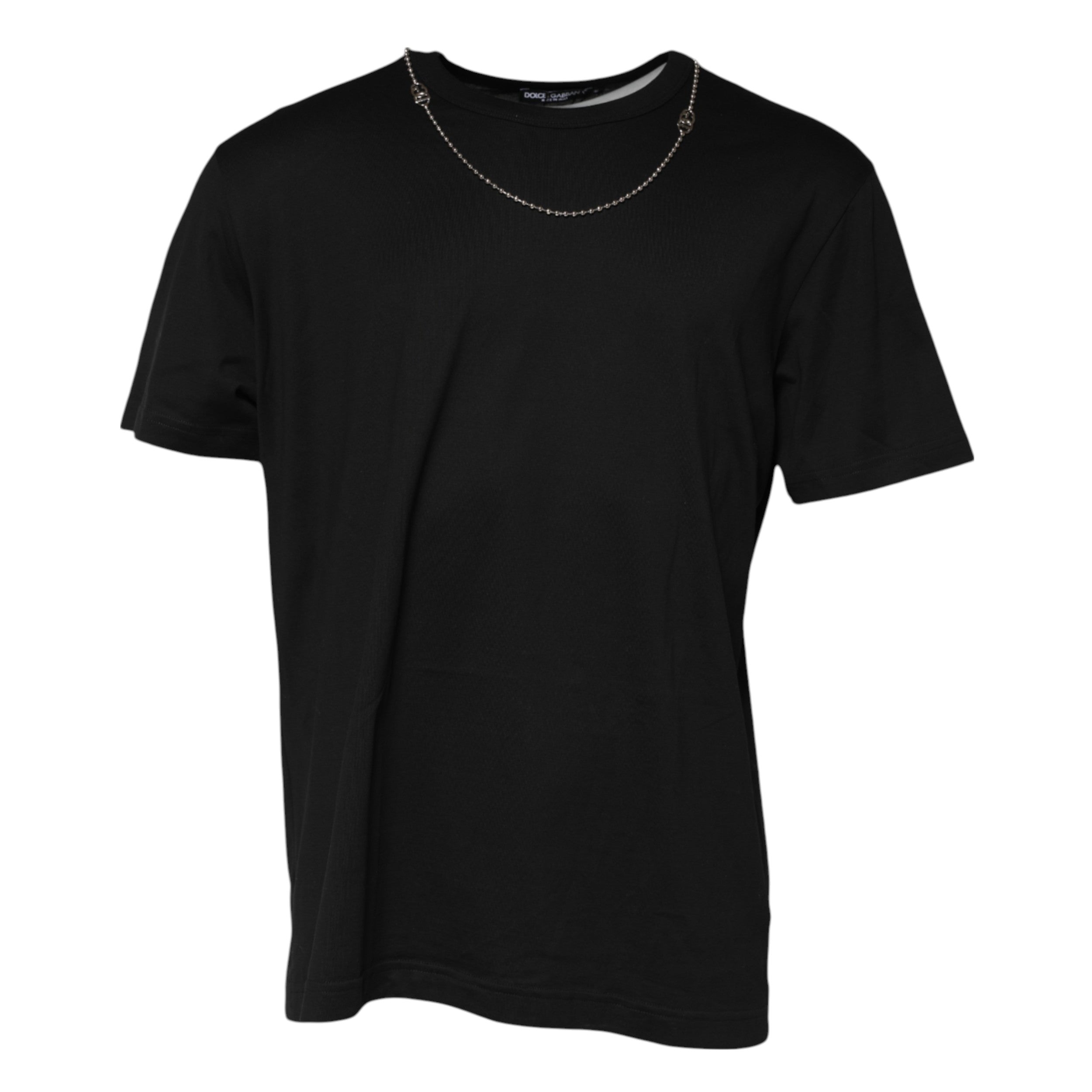 T-shirt à col rond en coton noir avec chaîne Dolce & Gabbana, design élégant et moderne, visible sur le produit.