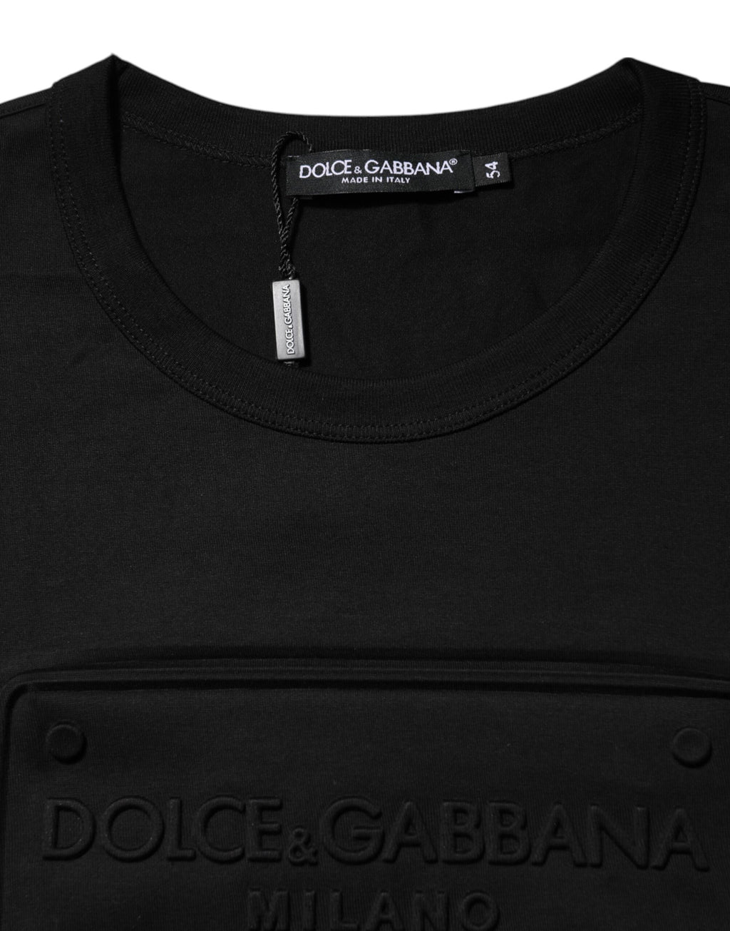 T-shirt Dolce & Gabbana en coton noir avec logo embossé, col rond et design élégant visible en gros plan.