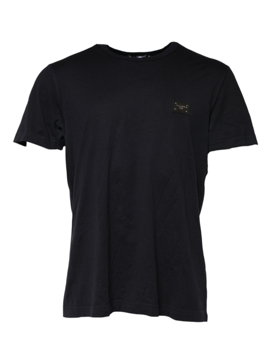 T-shirt en coton bleu foncé Dolce & Gabbana avec logo en plaque, col rond et design élégant.