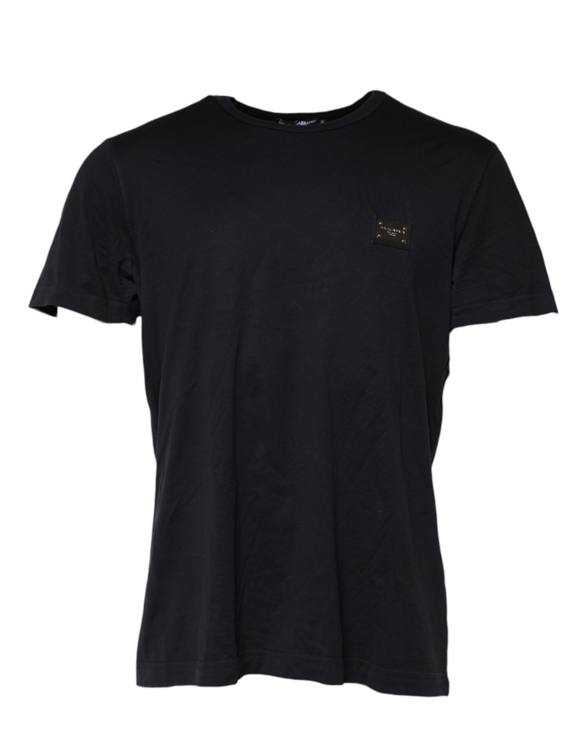 T-shirt en coton bleu foncé Dolce & Gabbana avec logo en plaque sur la poitrine, col rond et manches courtes.
