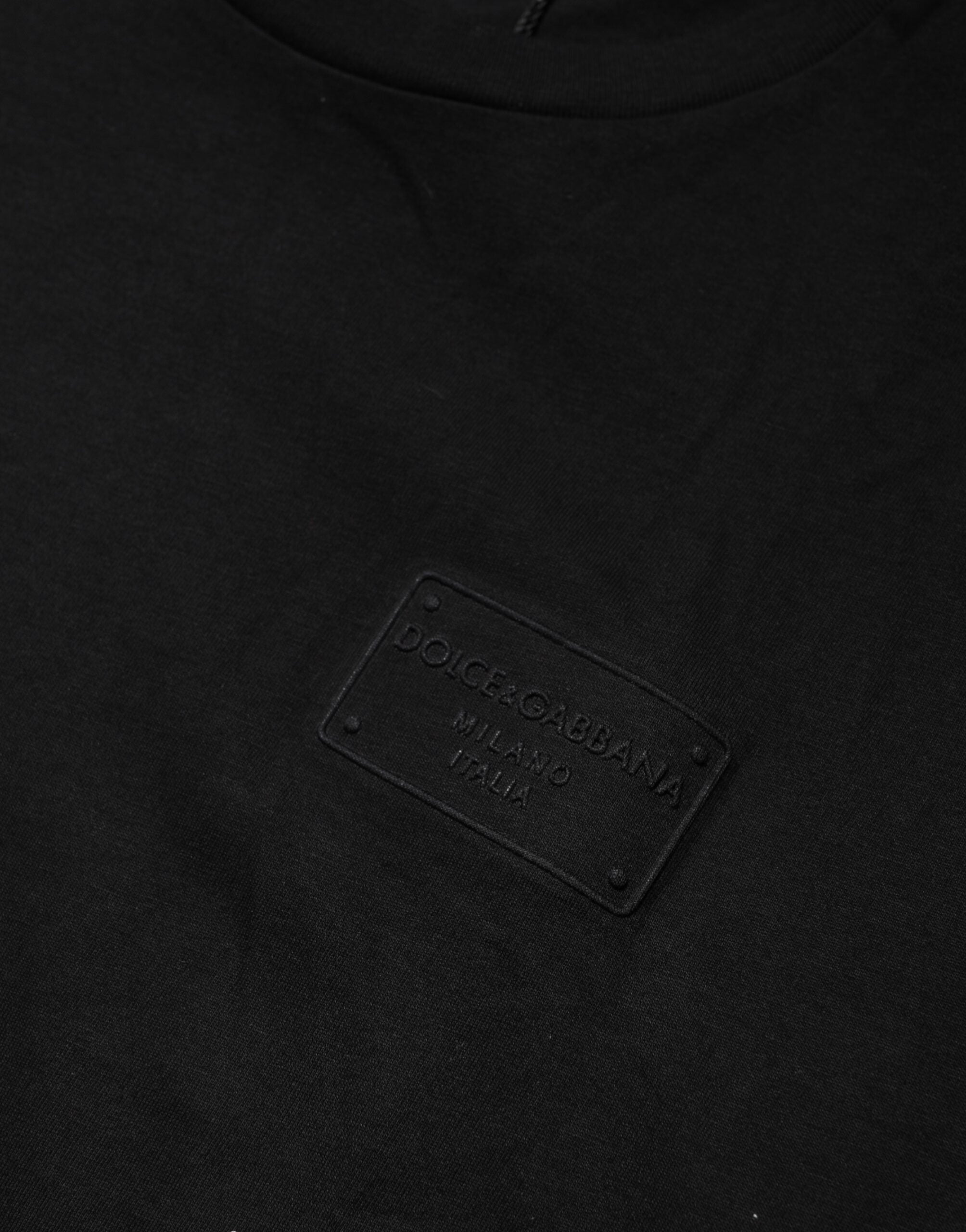 T-shirt en coton noir Dolce & Gabbana avec plaque logo, col rond, vue de face.