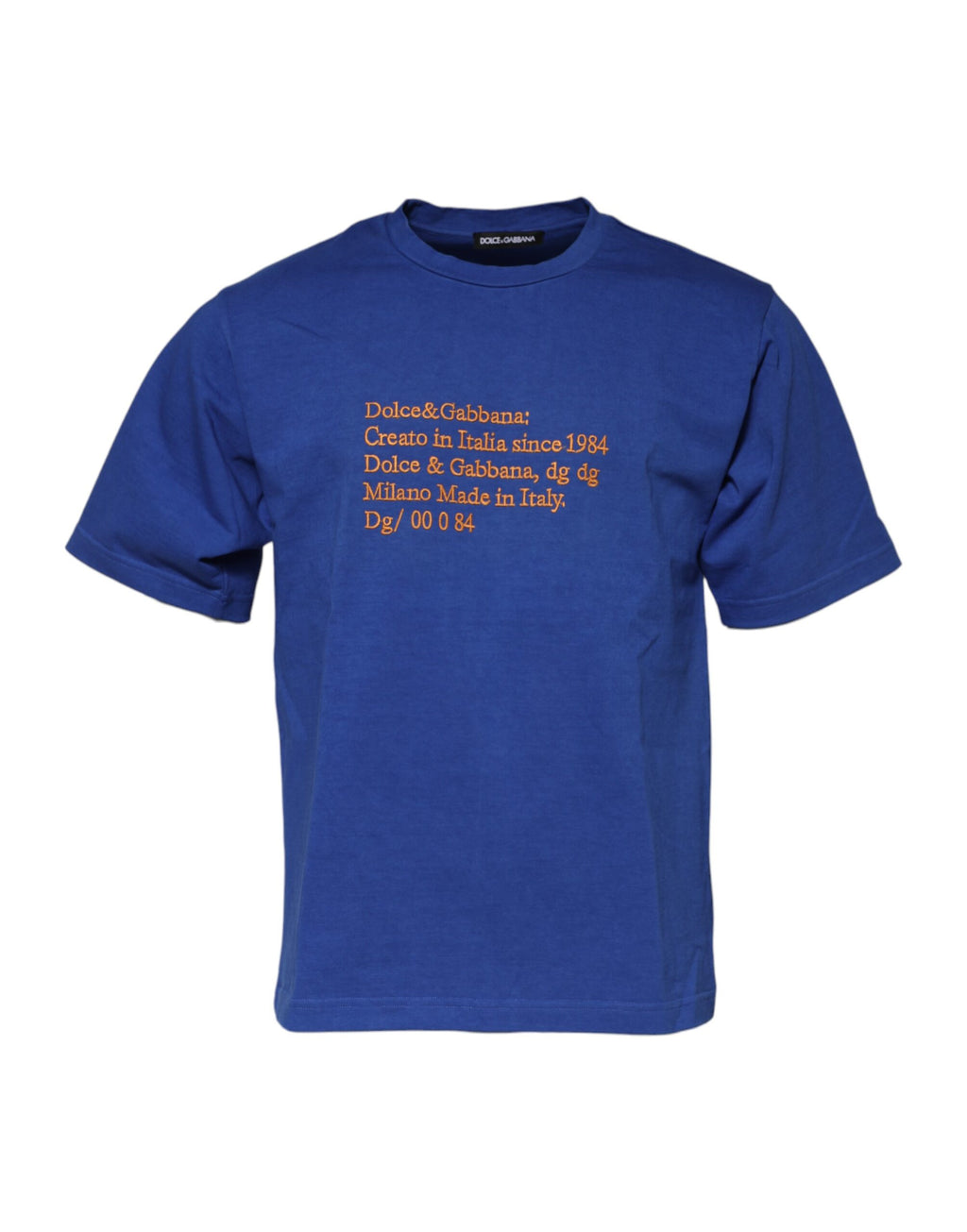 T-shirt coton à col rond Dolce & Gabbana avec logo graphique bleu, visible sur un mannequin.