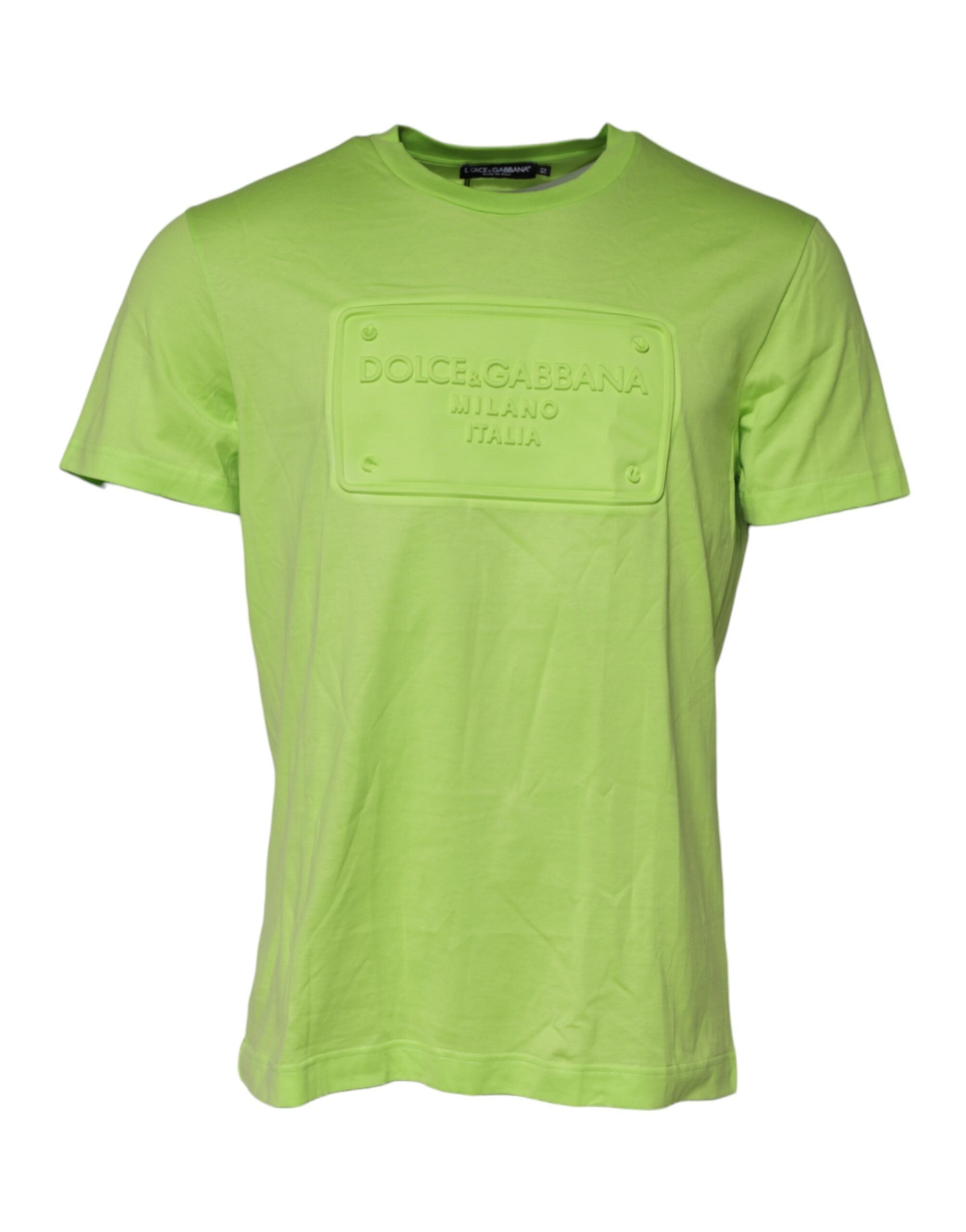 T-shirt en coton vert Dolce & Gabbana avec logo embossed, col rond, vue de face.