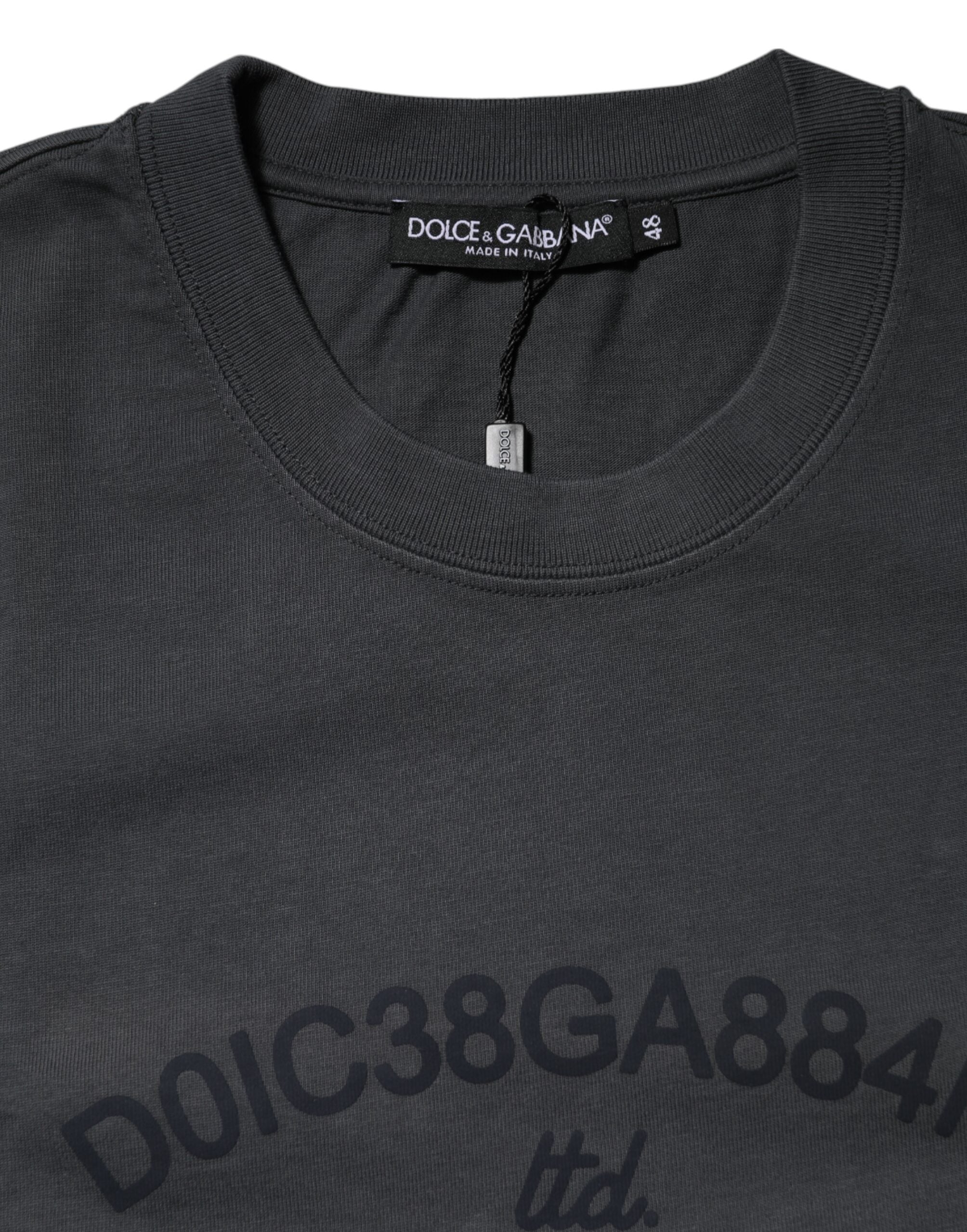 T-shirt en coton gris avec logo graphique Dolce & Gabbana à col rond, style décontracté et moderne.