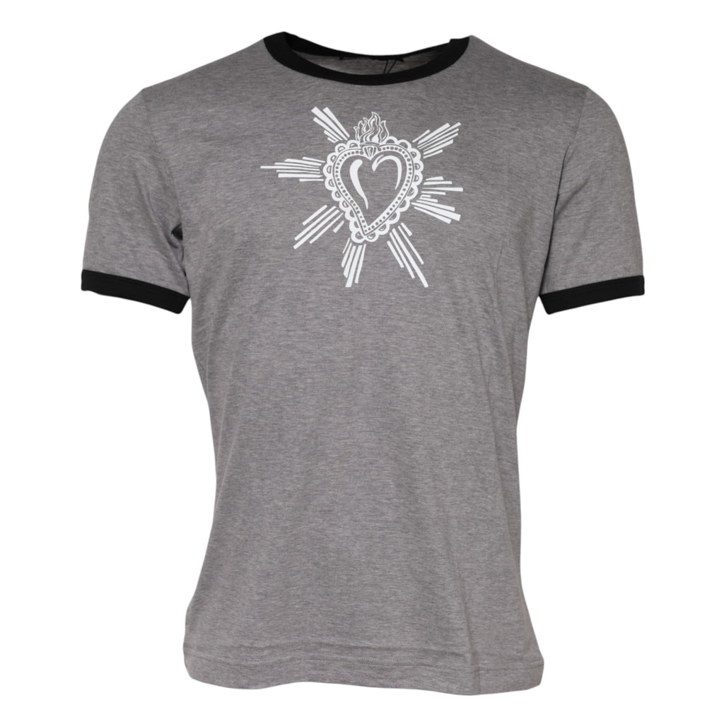 T-shirt en coton gris Dolce & Gabbana Sacred Heart avec col rond, motif religieux, visible sur un mannequin.