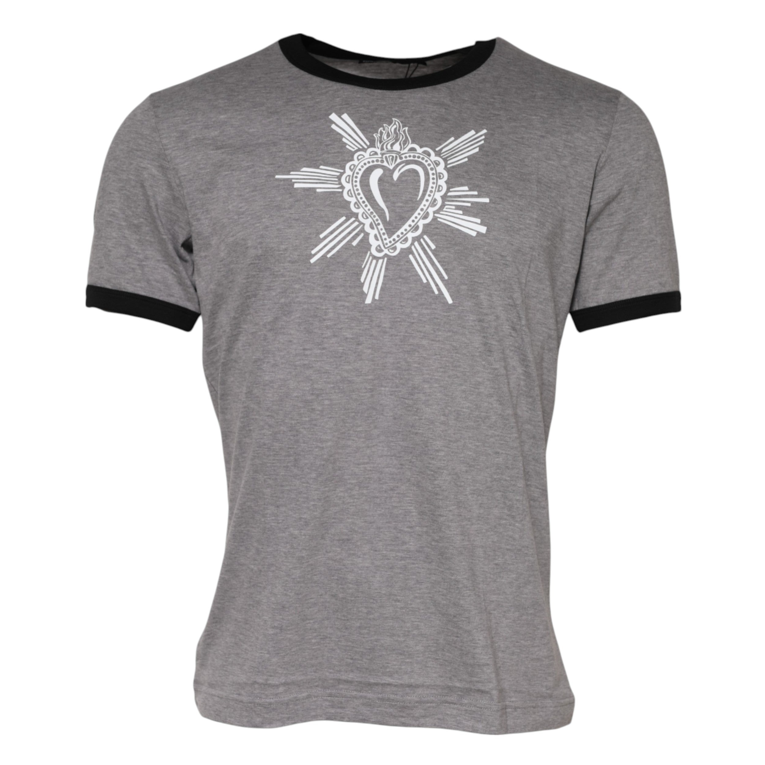 T-shirt en coton gris Dolce & Gabbana Sacred Heart avec col rond, motif religieux, visible sur un mannequin.