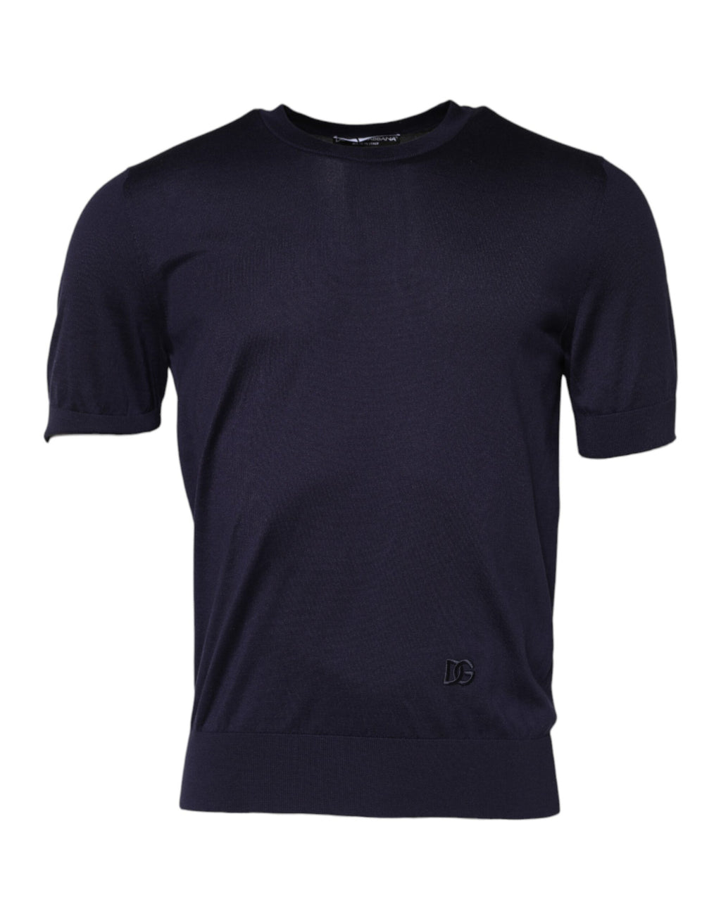 T-shirt homme en soie bleu foncé Dolce & Gabbana à col rond et manches courtes, vue de face.