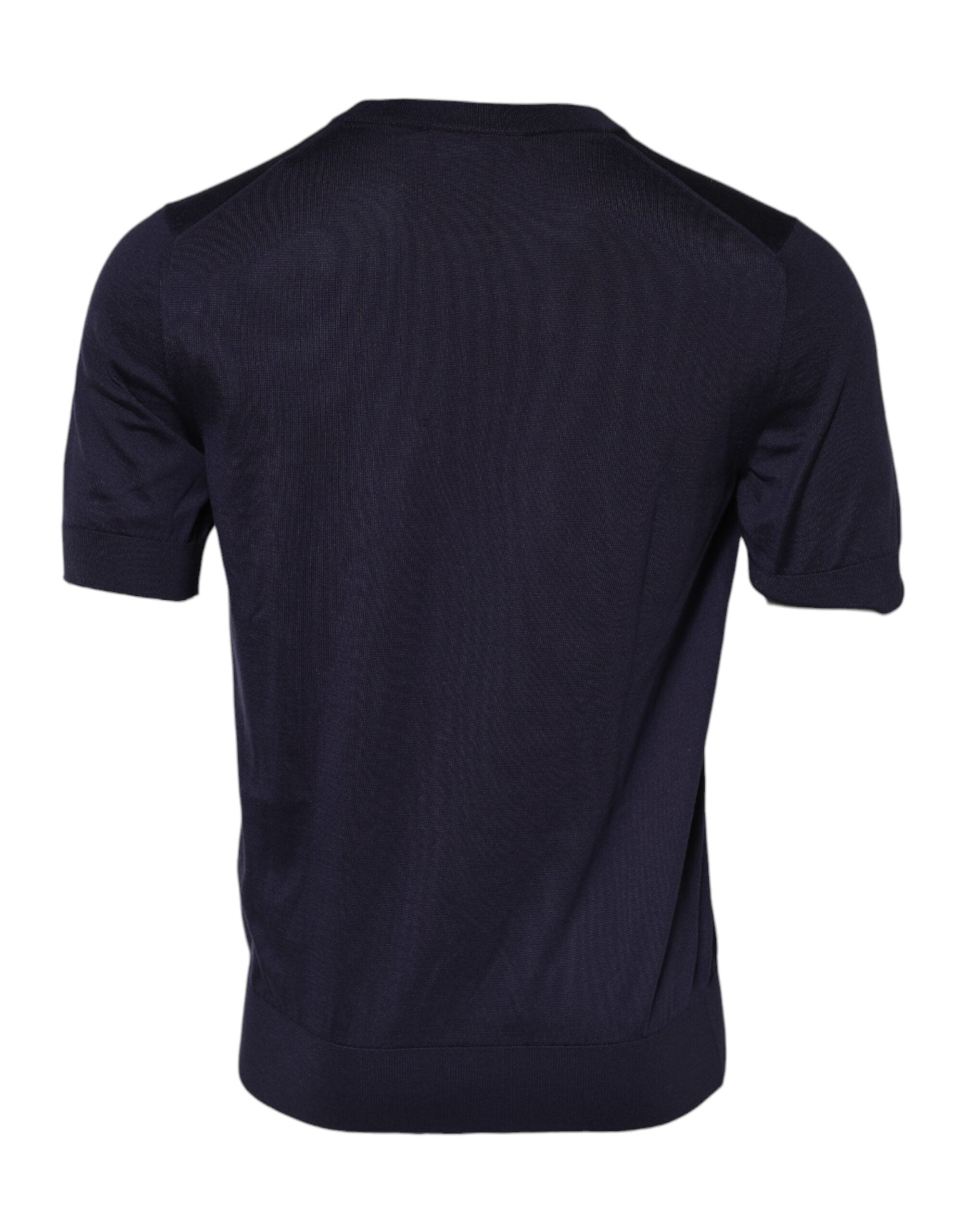 T-shirt en soie bleu foncé à col rond et manches courtes de Dolce & Gabbana, style élégant et sophistiqué.