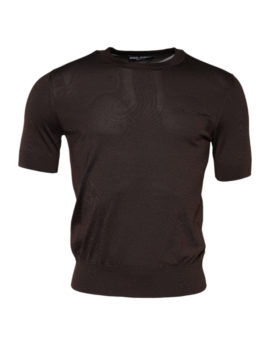 T-shirt Dolce & Gabbana en soie marron à col rond et manches courtes, vue de face.