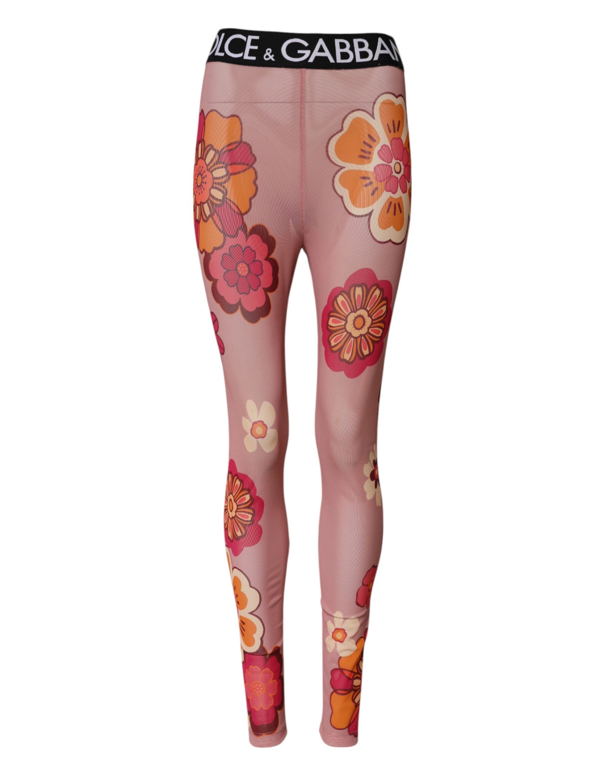 Leggings florales roses Dolce & Gabbana en tissu stretch avec taille élastique, mode élégante et confort.