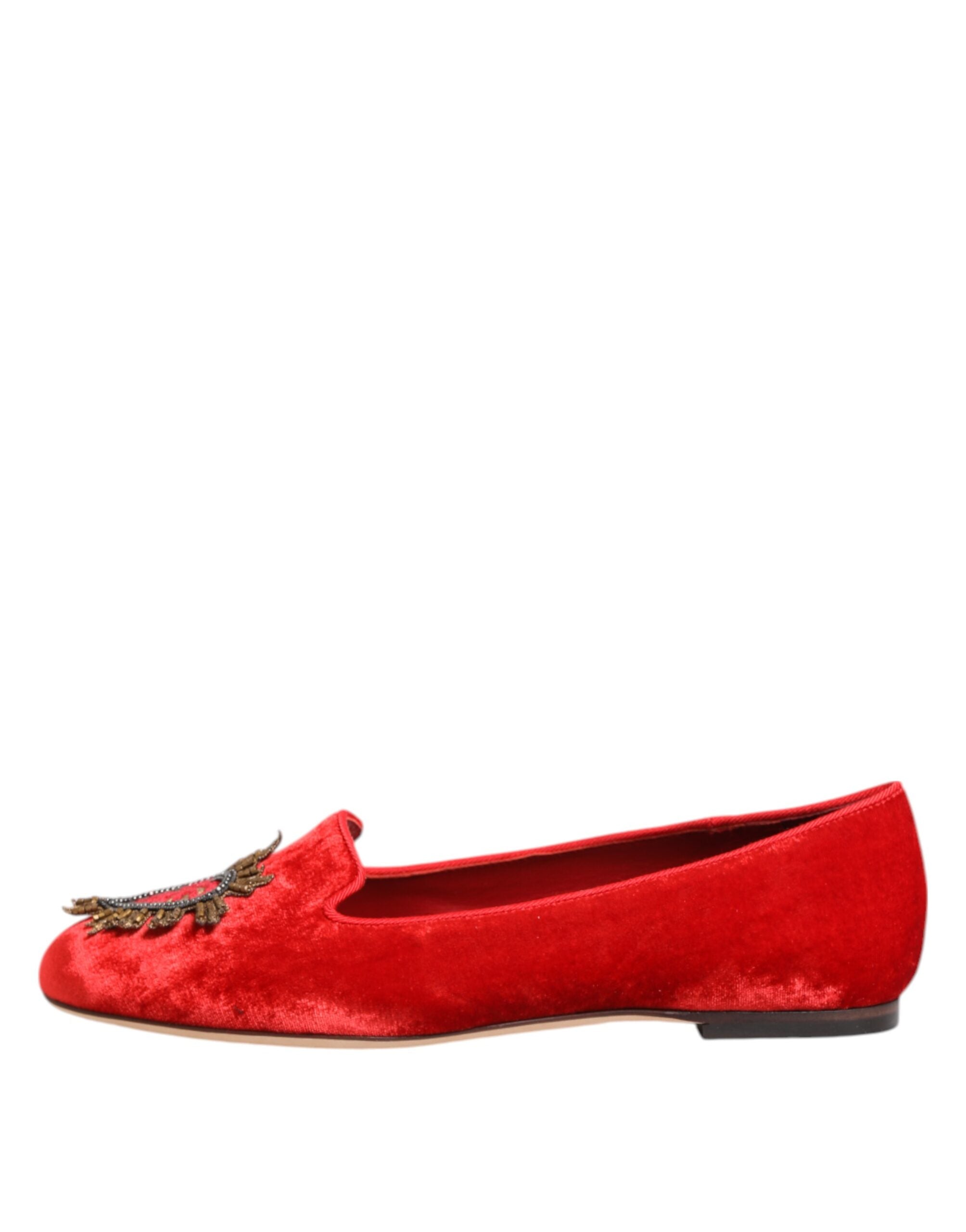 Chaussures Dolce & Gabbana en velours rouge DG Heart, slippers plates à motif cœur pour femme.