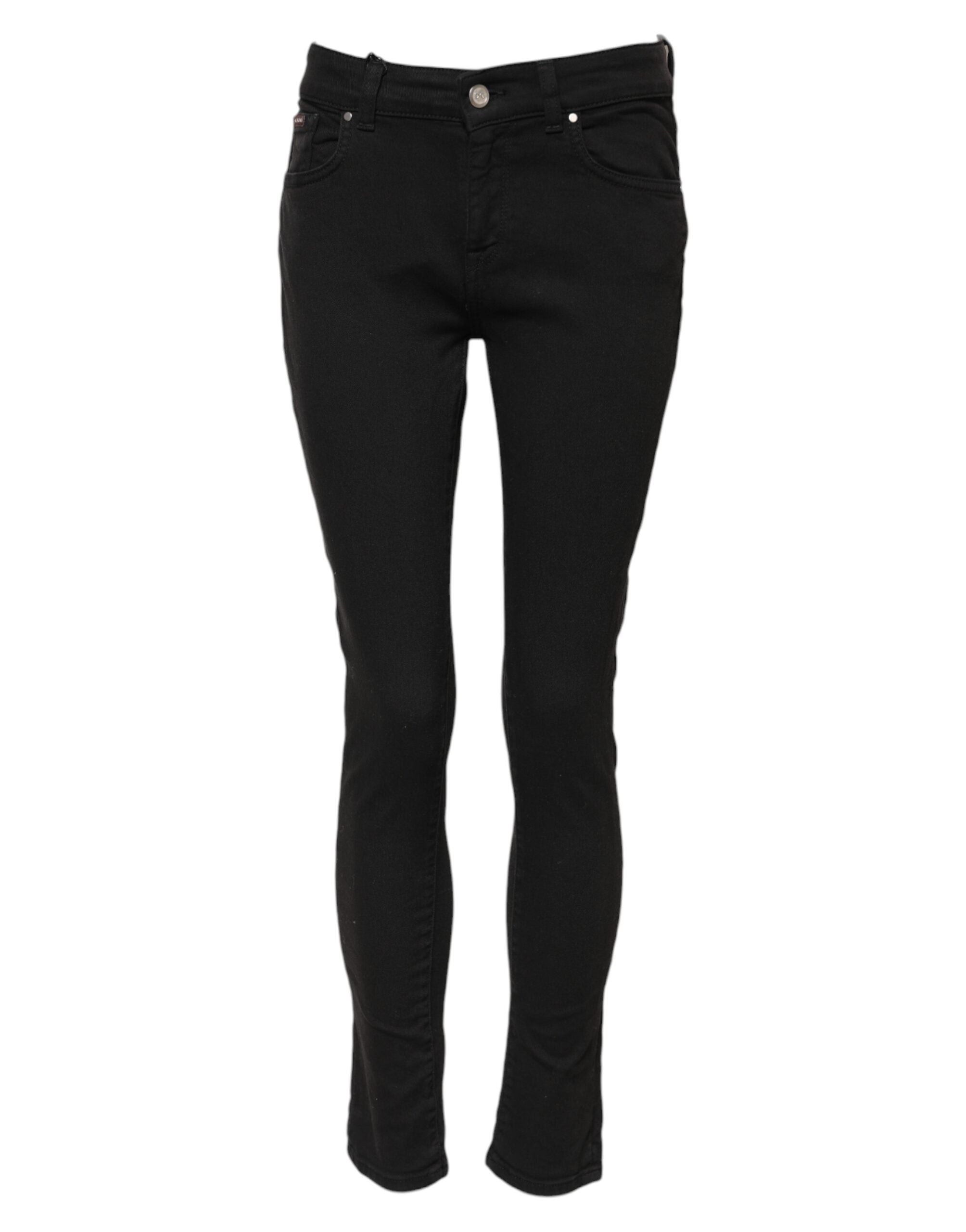 Jeans en denim noir Dolce & Gabbana, coupe skinny, taille mi-haute, en coton, visible sur l’image.