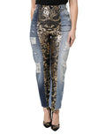 Jeans en denim tapered Dolce & Gabbana à patchworks multicolores, style décontracté avec détails colorés.