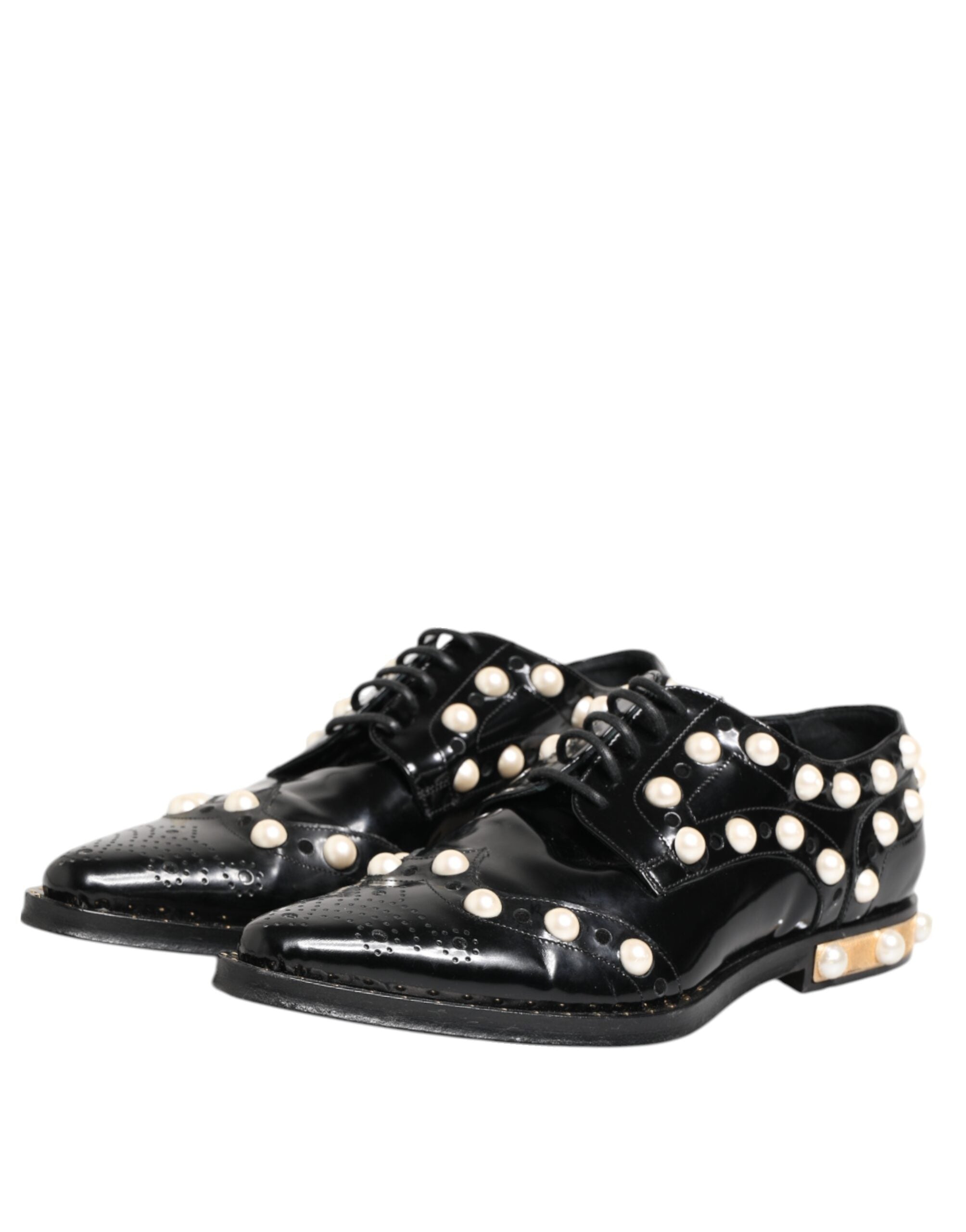 Chaussures Dolce & Gabbana en cuir noir avec perles factices, style brogue, pour femme.