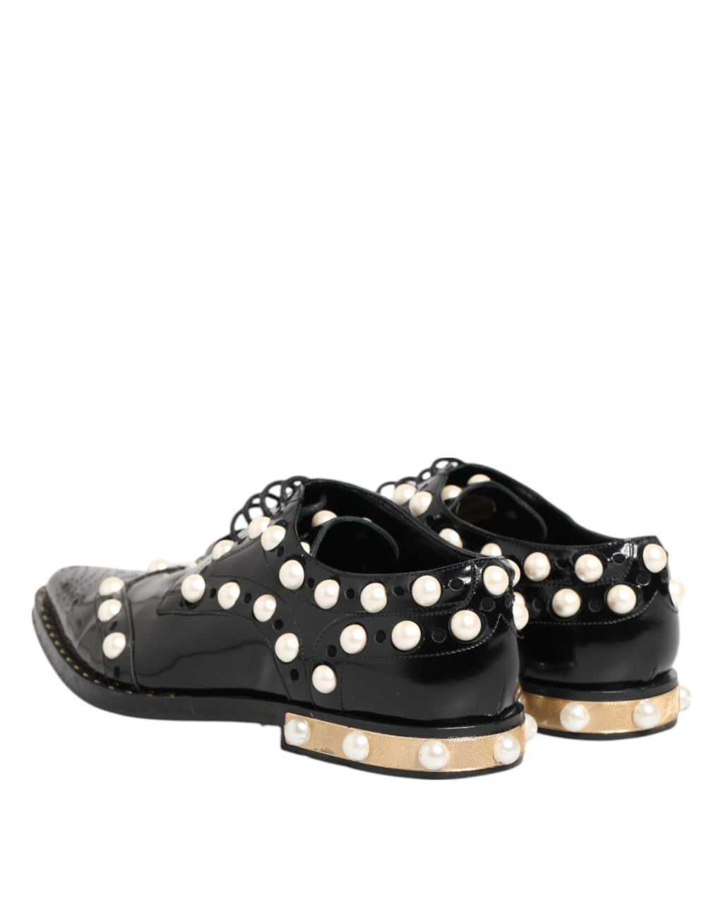 Chaussures Dolce & Gabbana en cuir noir avec perles factices, style brogue, pour femme, vues de face.