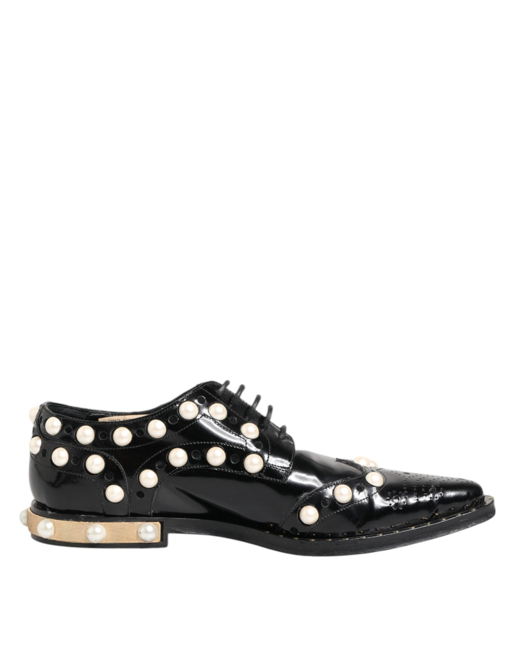 Chaussures Dolce & Gabbana en cuir noir avec perles faux, style broque, pour femme, vue de face.