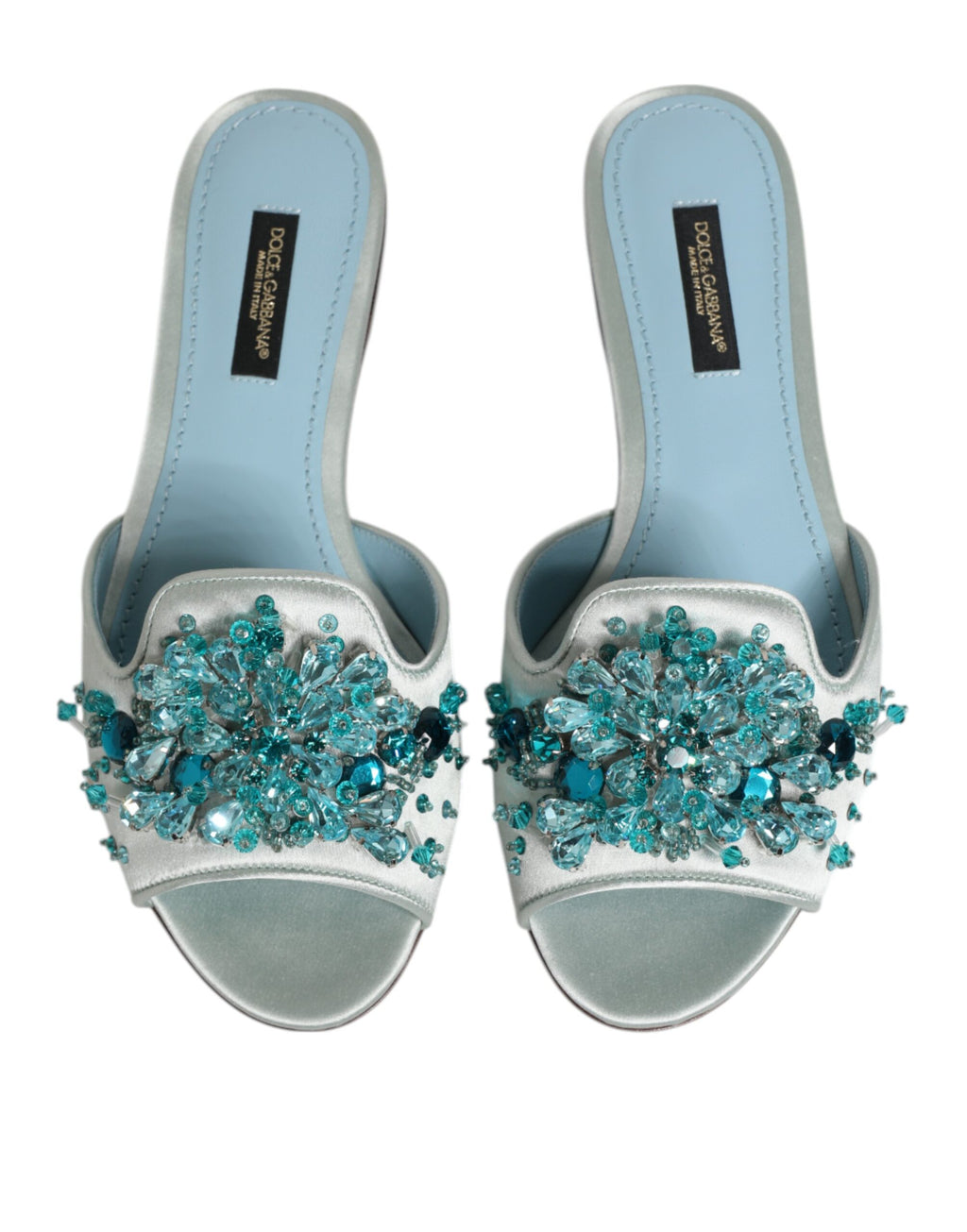 Sandales Dolce & Gabbana en cuir argenté et bleu avec perles décoratives, style slide pour femme.