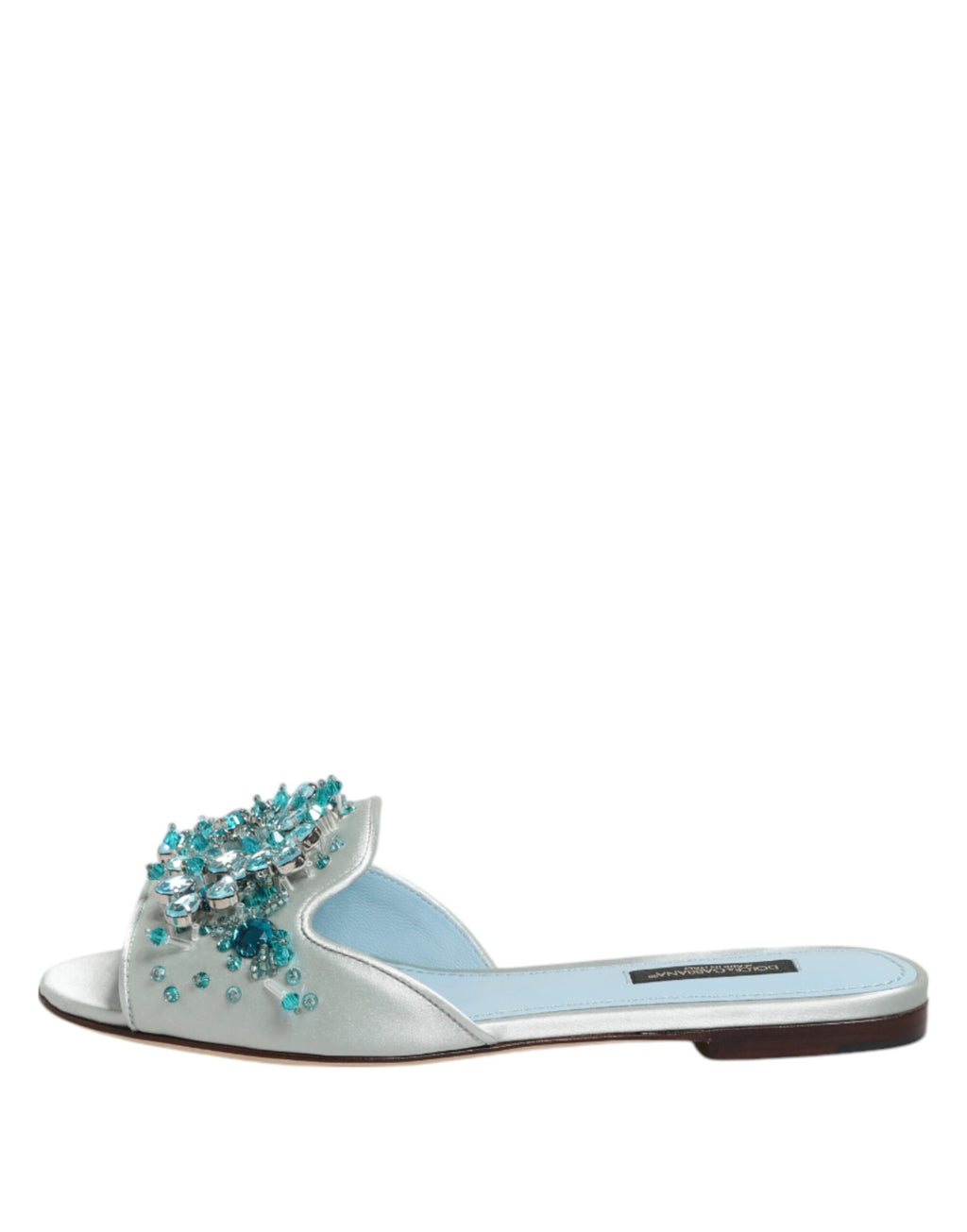 Chaussures à talons Dolce & Gabbana en cuir argenté et bleu avec perles décoratives, style slide élégante.