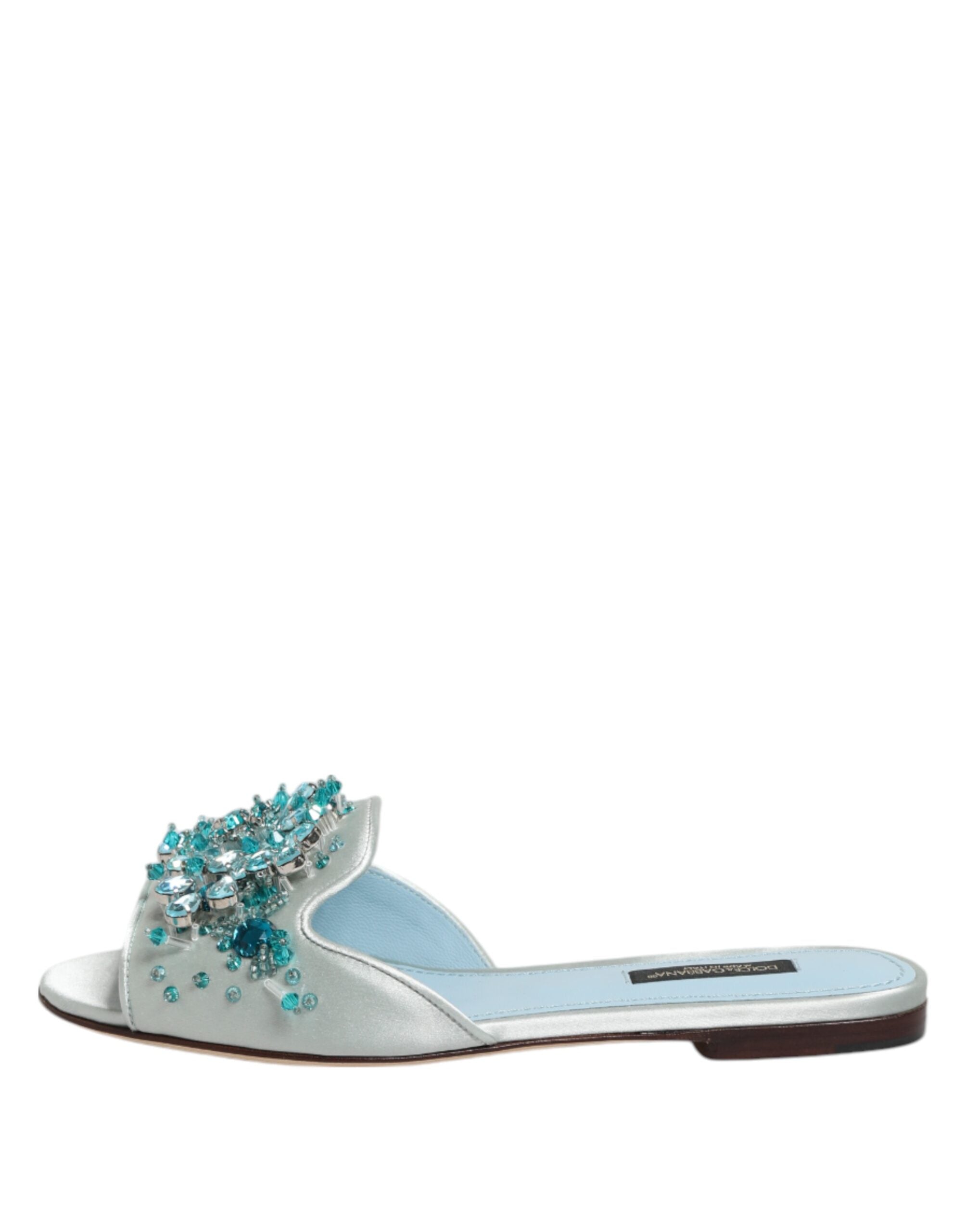 Chaussures à talons Dolce & Gabbana en cuir argenté et bleu avec perles décoratives, style slide élégante.