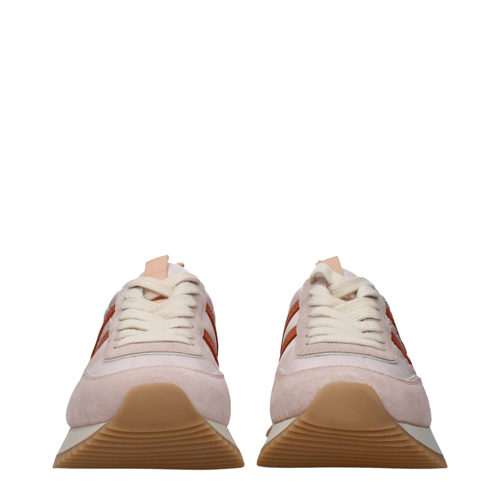 Chaussures Moncler roses en tissu, baskets chunky roses avec semelle épaisse et design tendance.