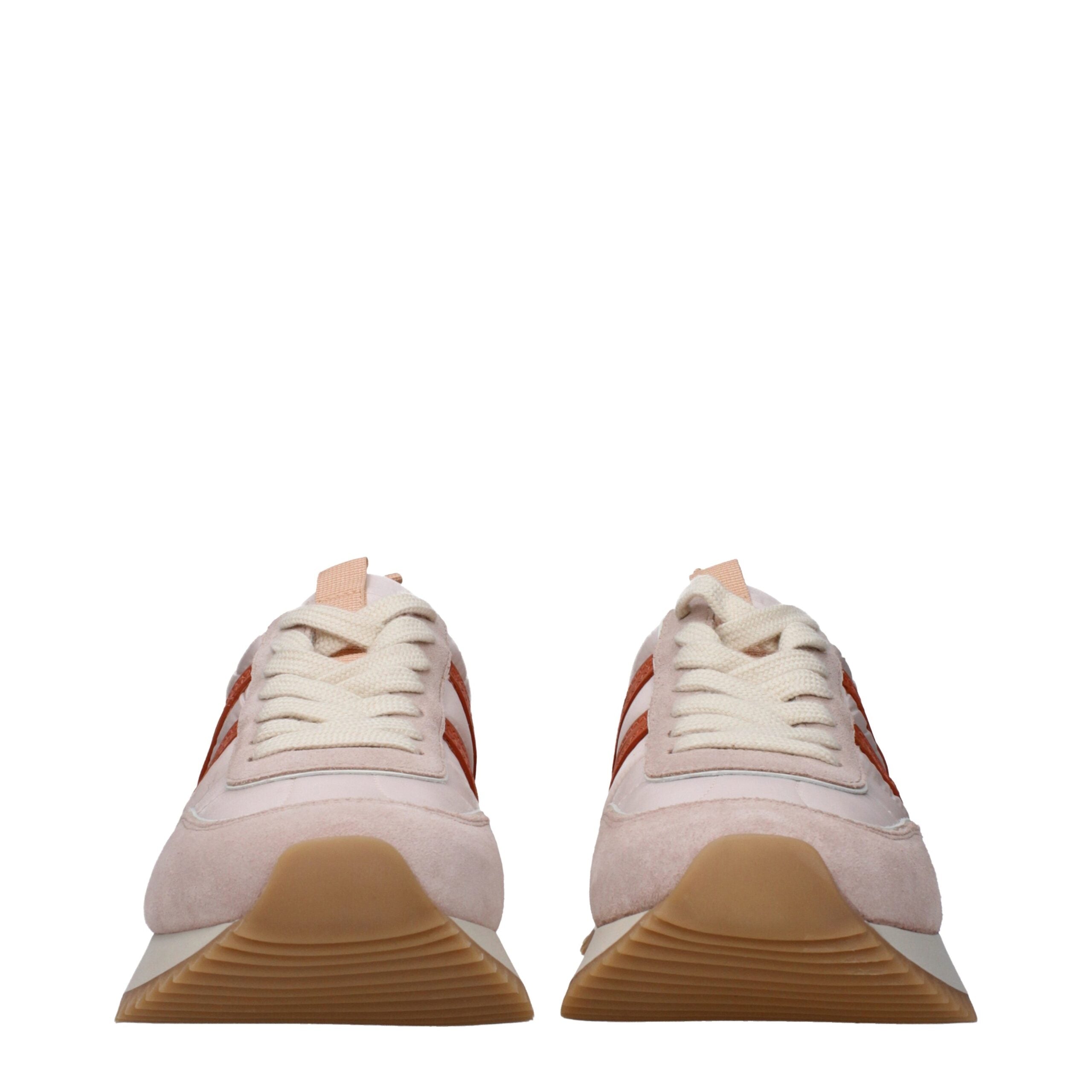 Chaussures Moncler roses en tissu, baskets chunky roses avec semelle épaisse et design tendance.