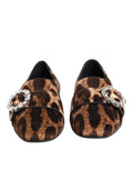 Chaussures mocassins Dolce & Gabbana à imprimé léopard marron avec cristaux, chaussures plates en cuir.