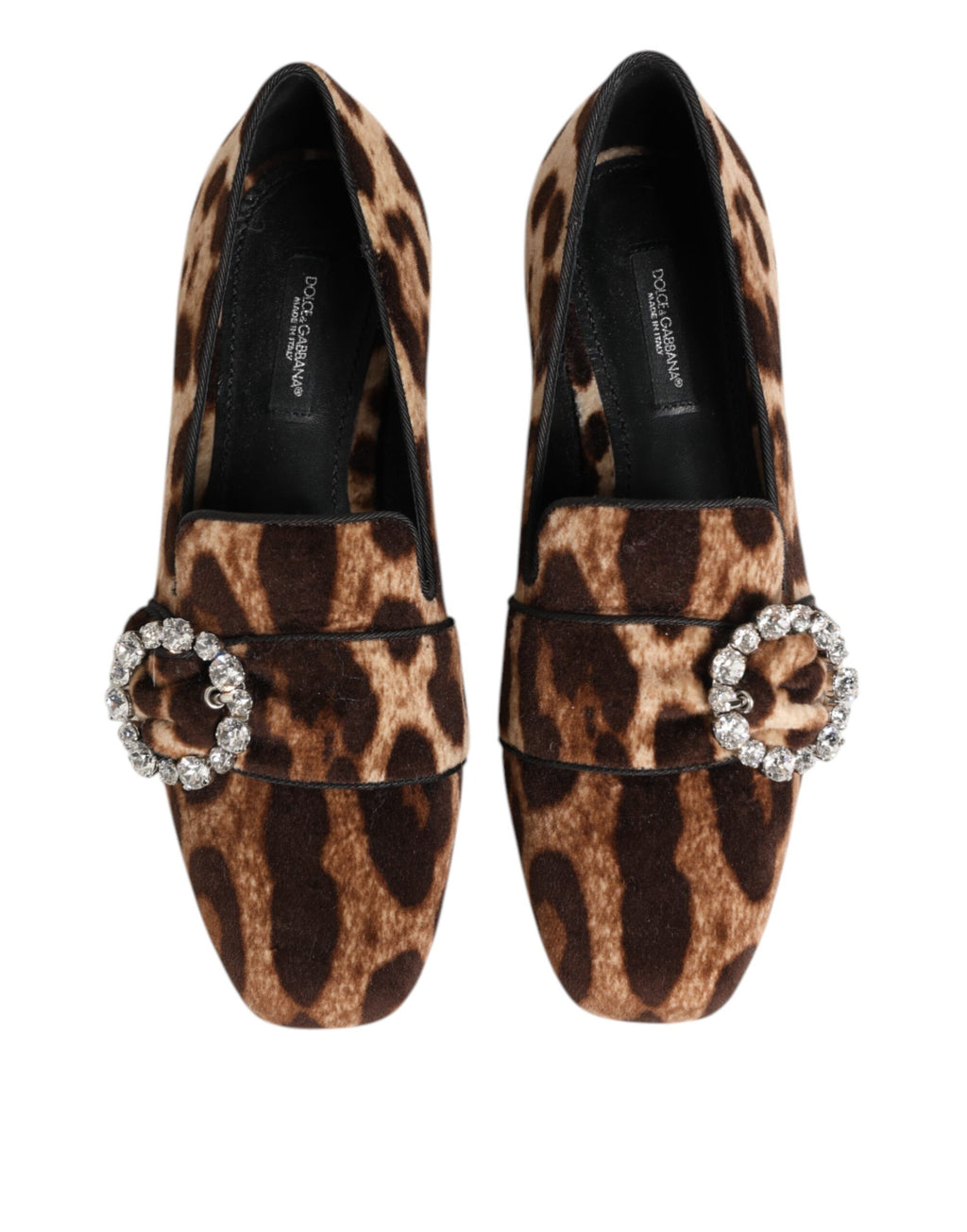 Chaussures plates Dolce & Gabbana en daim marron à imprimé léopard avec cristaux, loafers élégants et tendance.