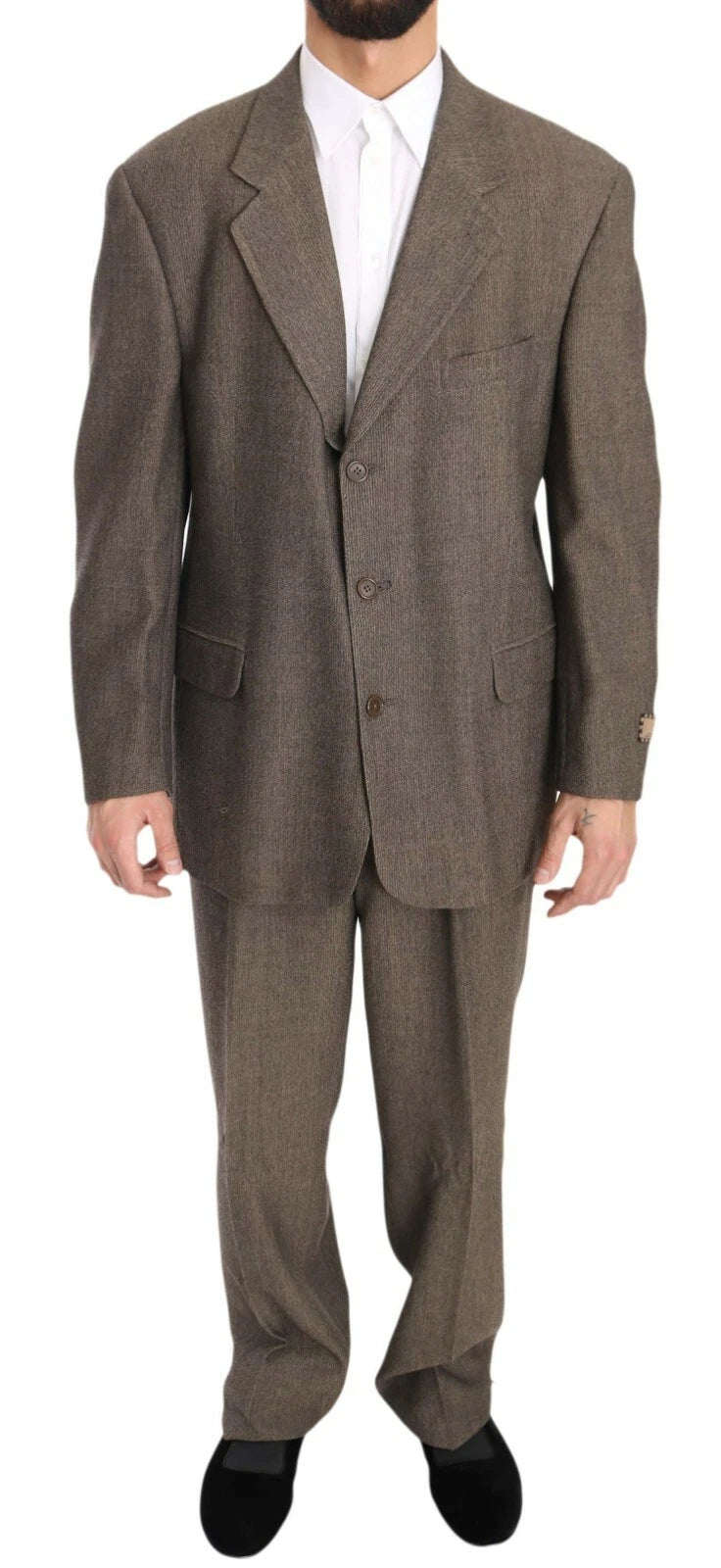 Costume en laine brun à un bouton de Dolce & Gabbana, veste classique avec revers et boutons distinctifs, vue de face.
