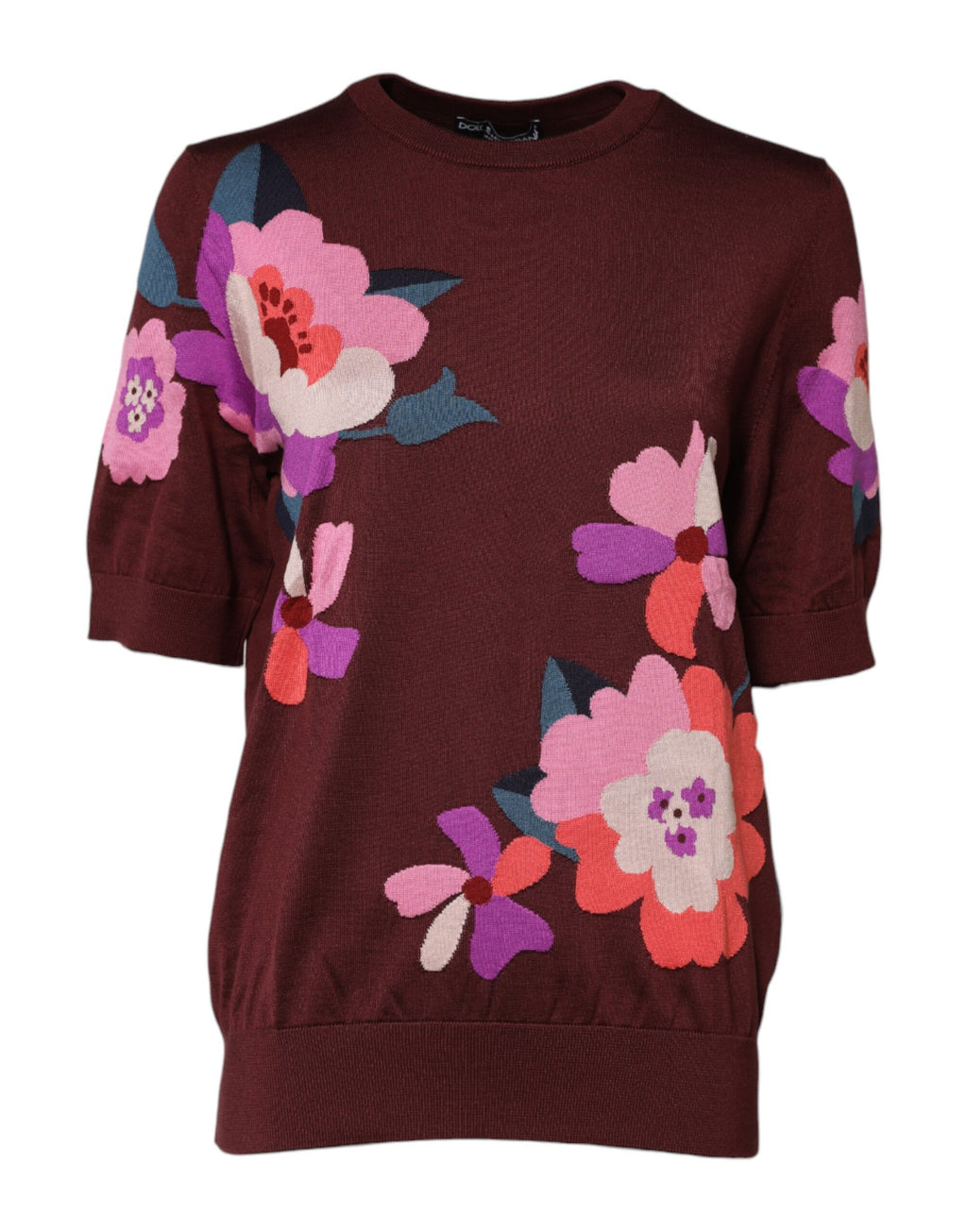Chemisier en soie bordeaux à fleurs de Dolce & Gabbana, col rond, élégant et féminin, avec motif floral sophistiqué.