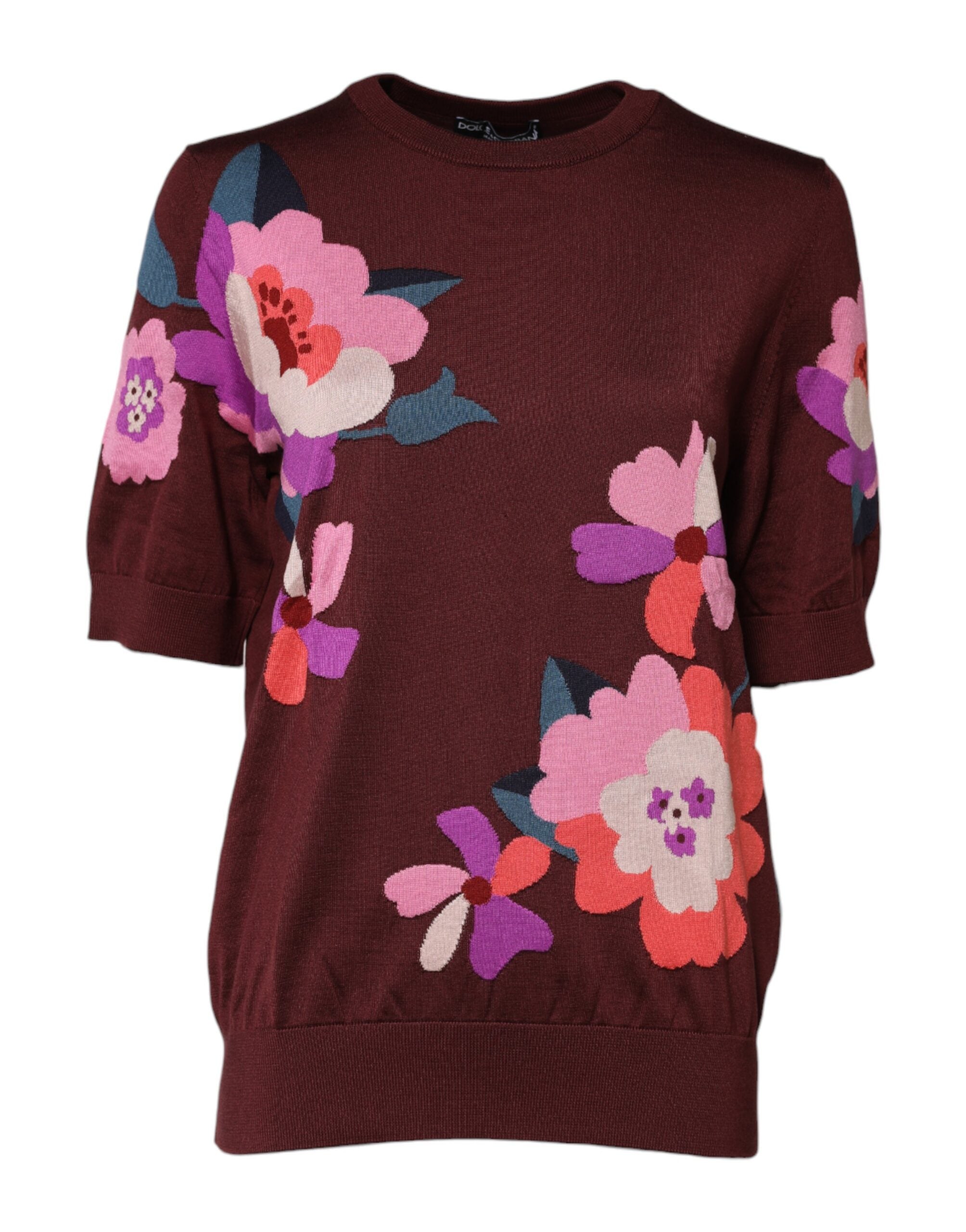 Chemise en soie pour femme Dolce & Gabbana, col rond, motif floral bordeaux, tissu fluide et élégant.