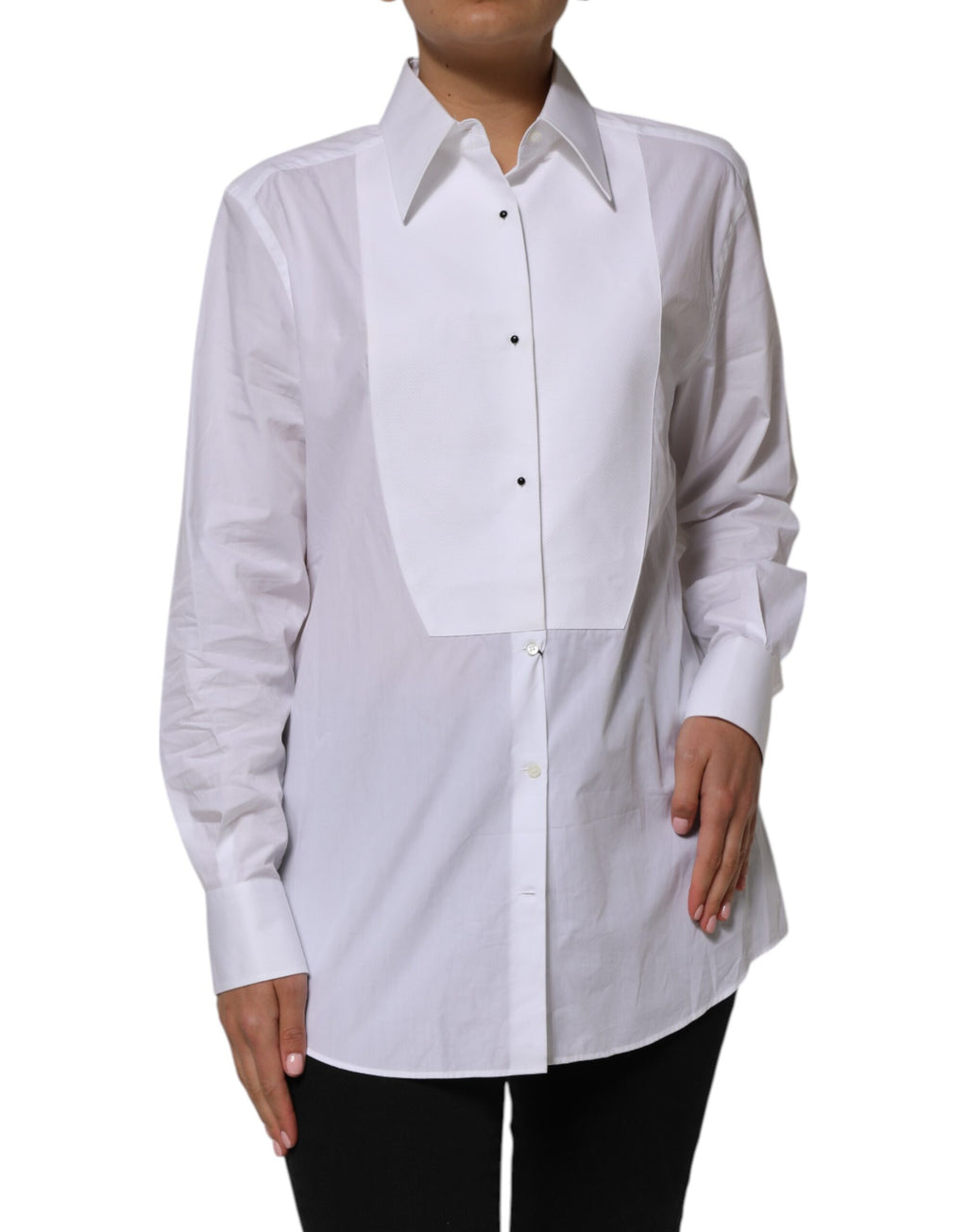 Chemise blanche en coton à col, manches longues, de la marque Dolce & Gabbana, visible sur l'image.