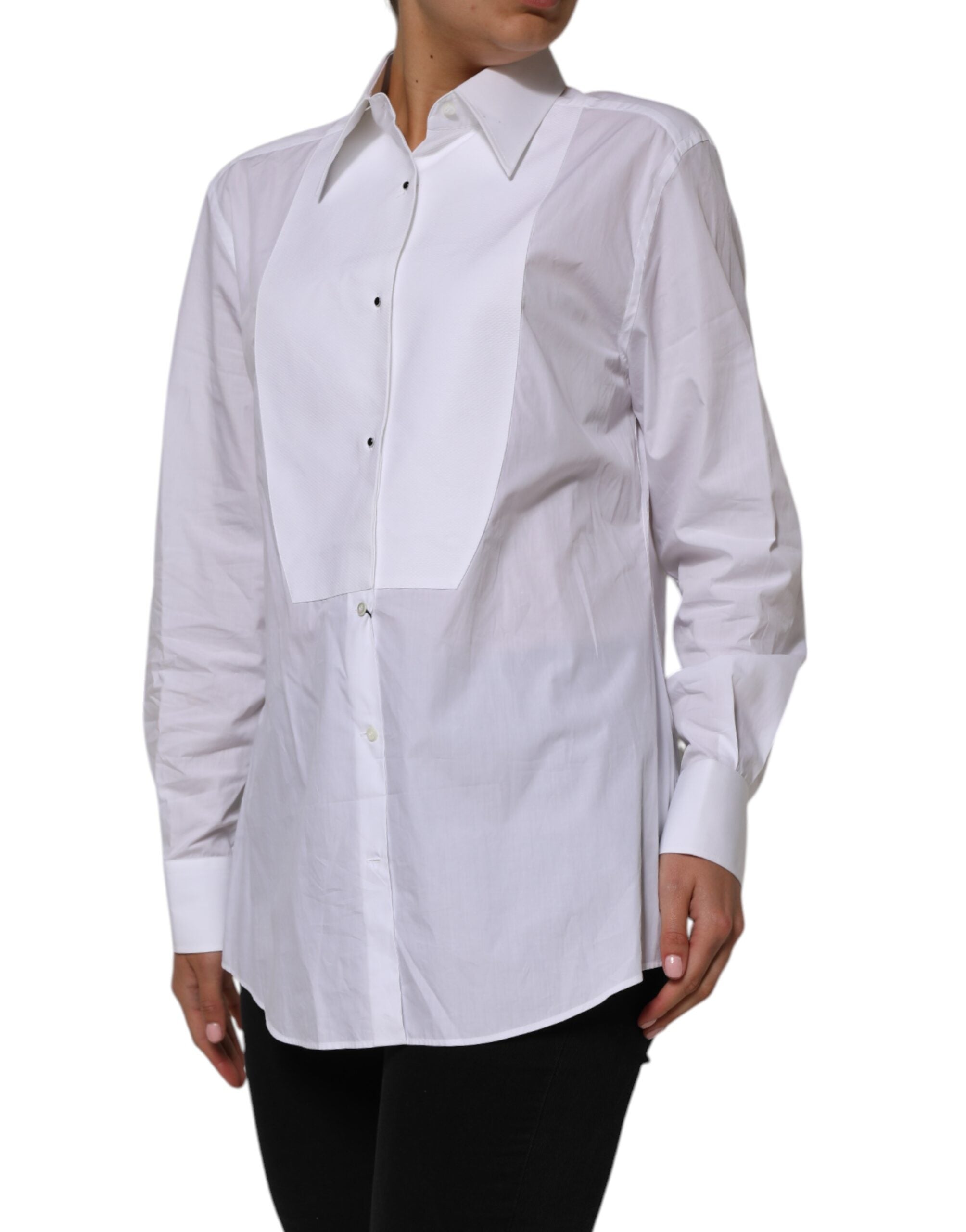 Chemise blanche en coton à col et manches longues de Dolce & Gabbana, vue de face sur un fond neutre.