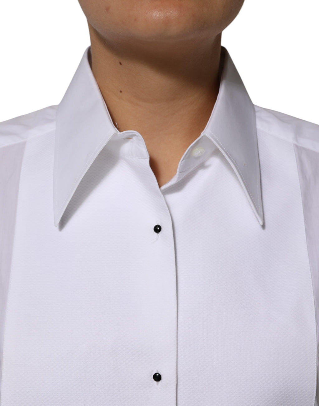 Chemise blanche en coton à col et manches longues de Dolce & Gabbana, vue de face.