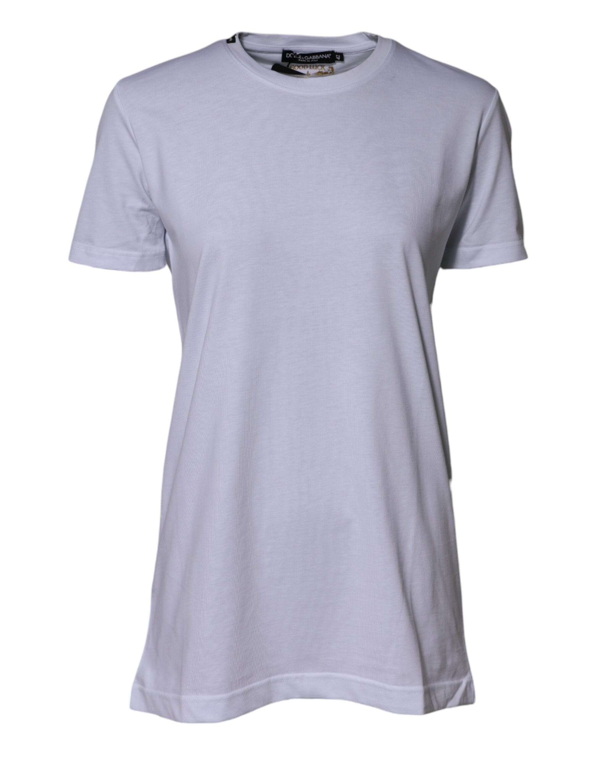 T-shirt blanc en coton Dolce & Gabbana Goodluck 2023 à col ras du cou avec logo et motif de chance sur le devant