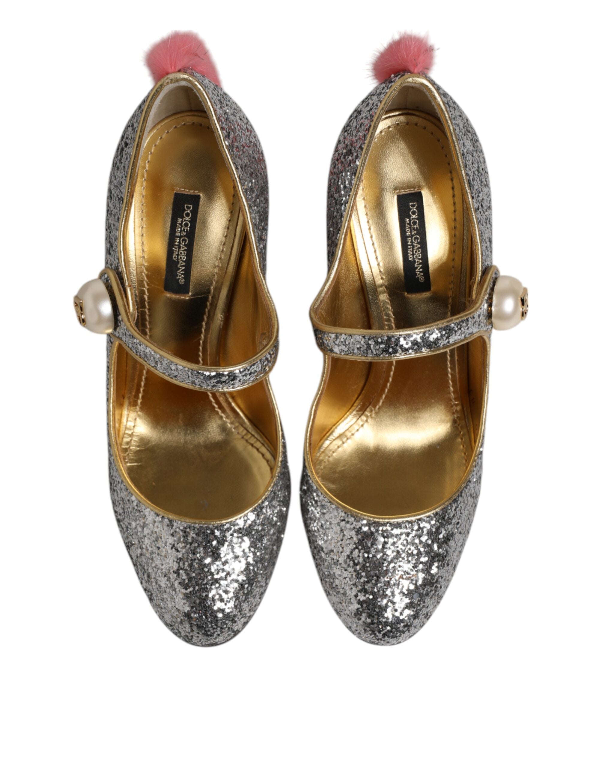 Chaussures à talons Dolce & Gabbana VALLY en fourrure de vison argentée et paillettes, élégantes et sophistiquées.